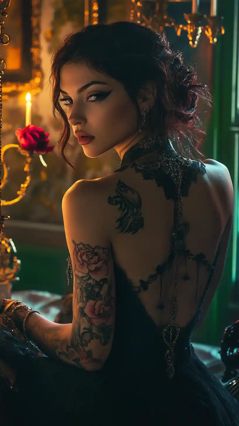 Elegant tattooed woman in a luxurious fantasy bedroom