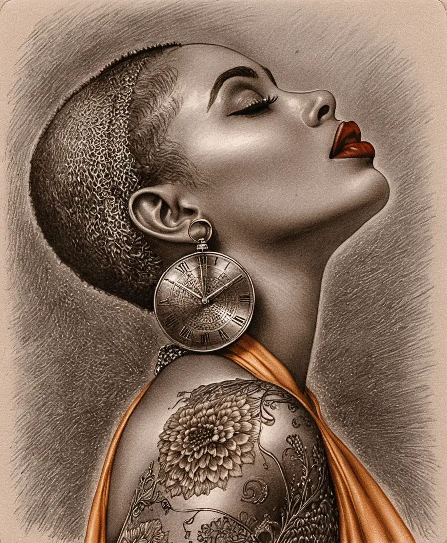 Profile drawing of bald woman with red lips and earring