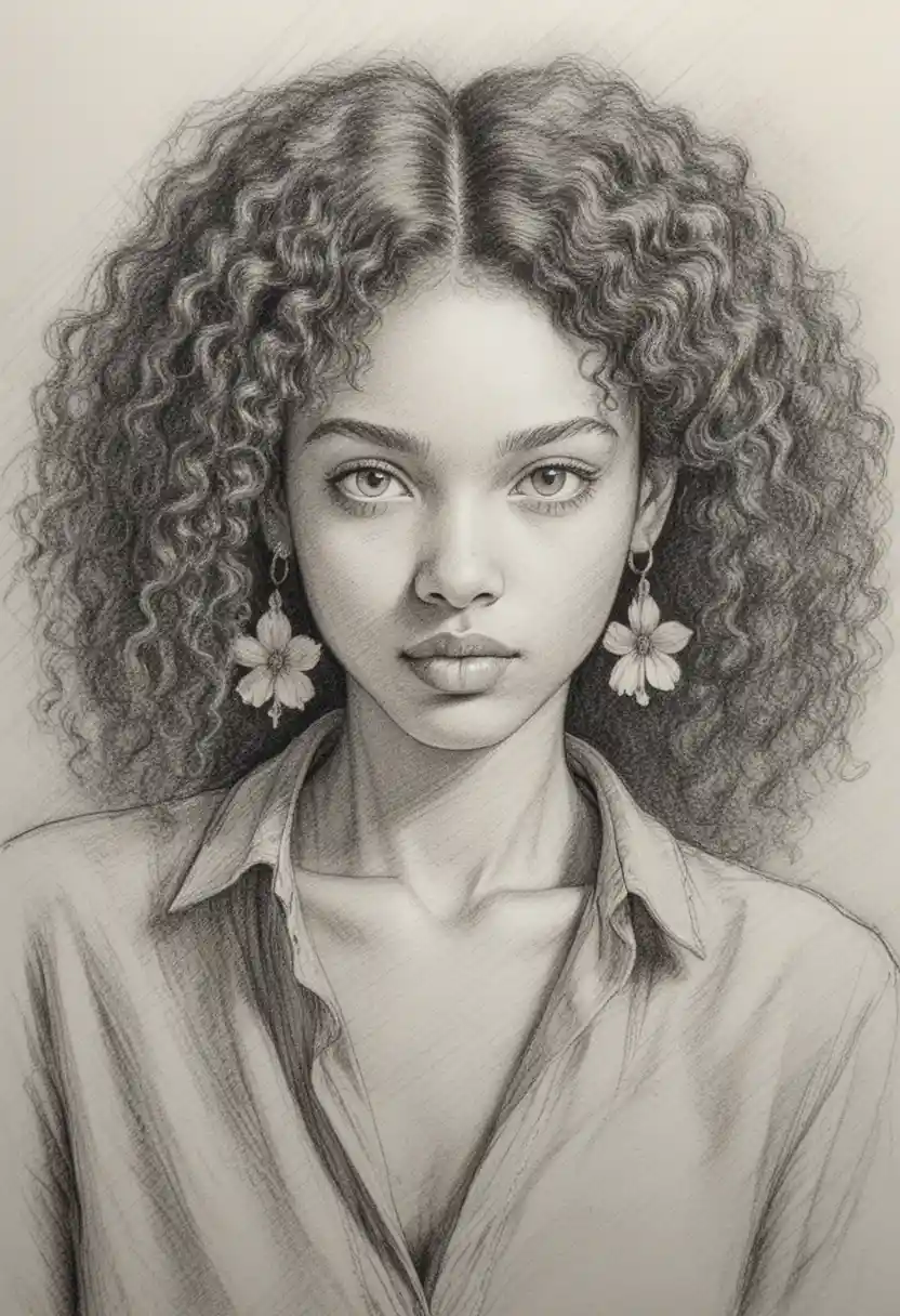 Technical bust portrait of a serious young curly haired woman