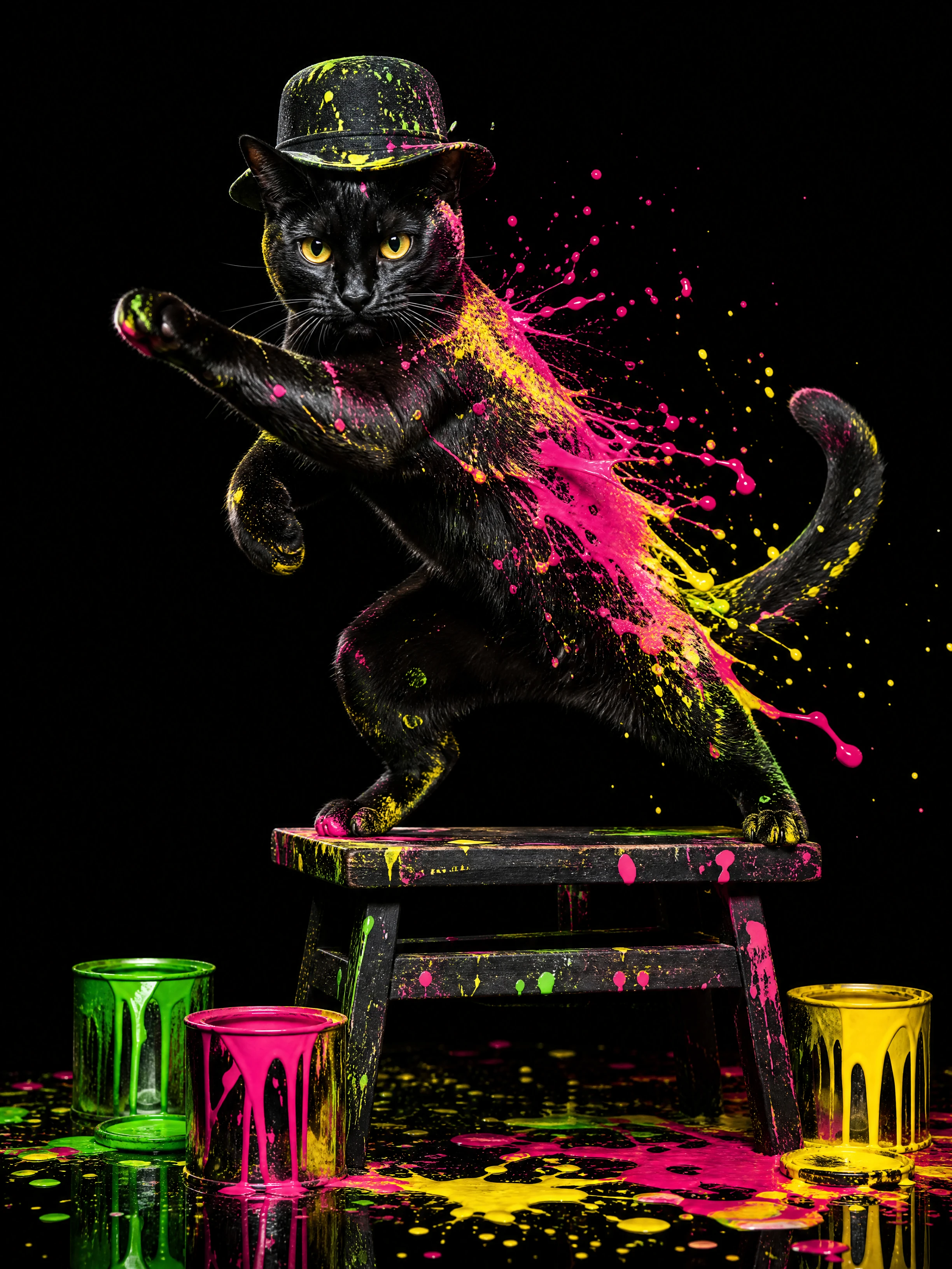 Black cat in kung fu pose splashed with neon paint