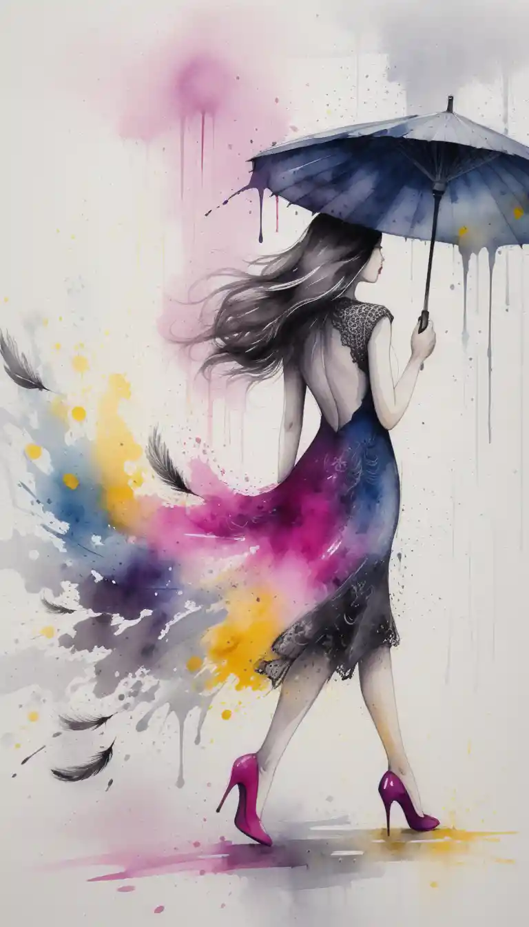 Elegant woman walking with colorful ink splatter umbrella