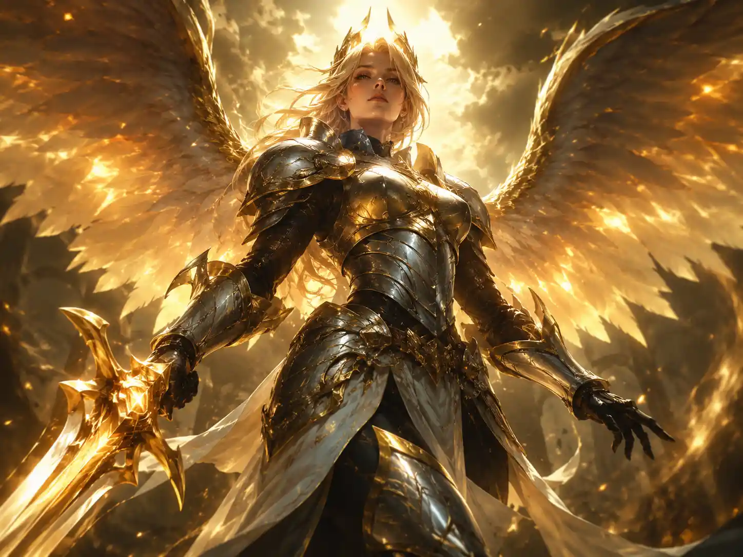 Epic fantasy heroine framed in gleaming cinematic light