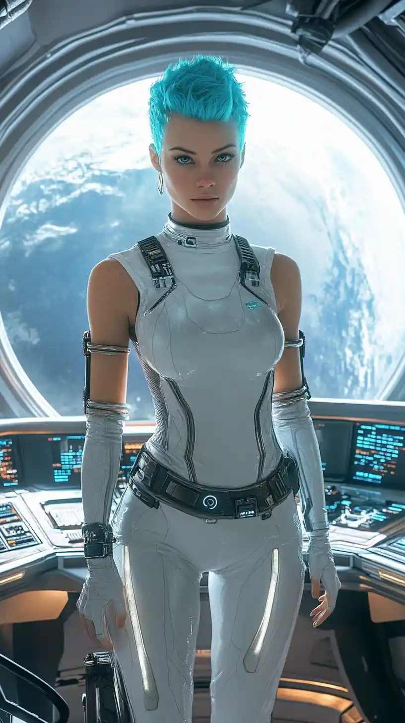 Futuristic woman on a starship bridge with glowing controls