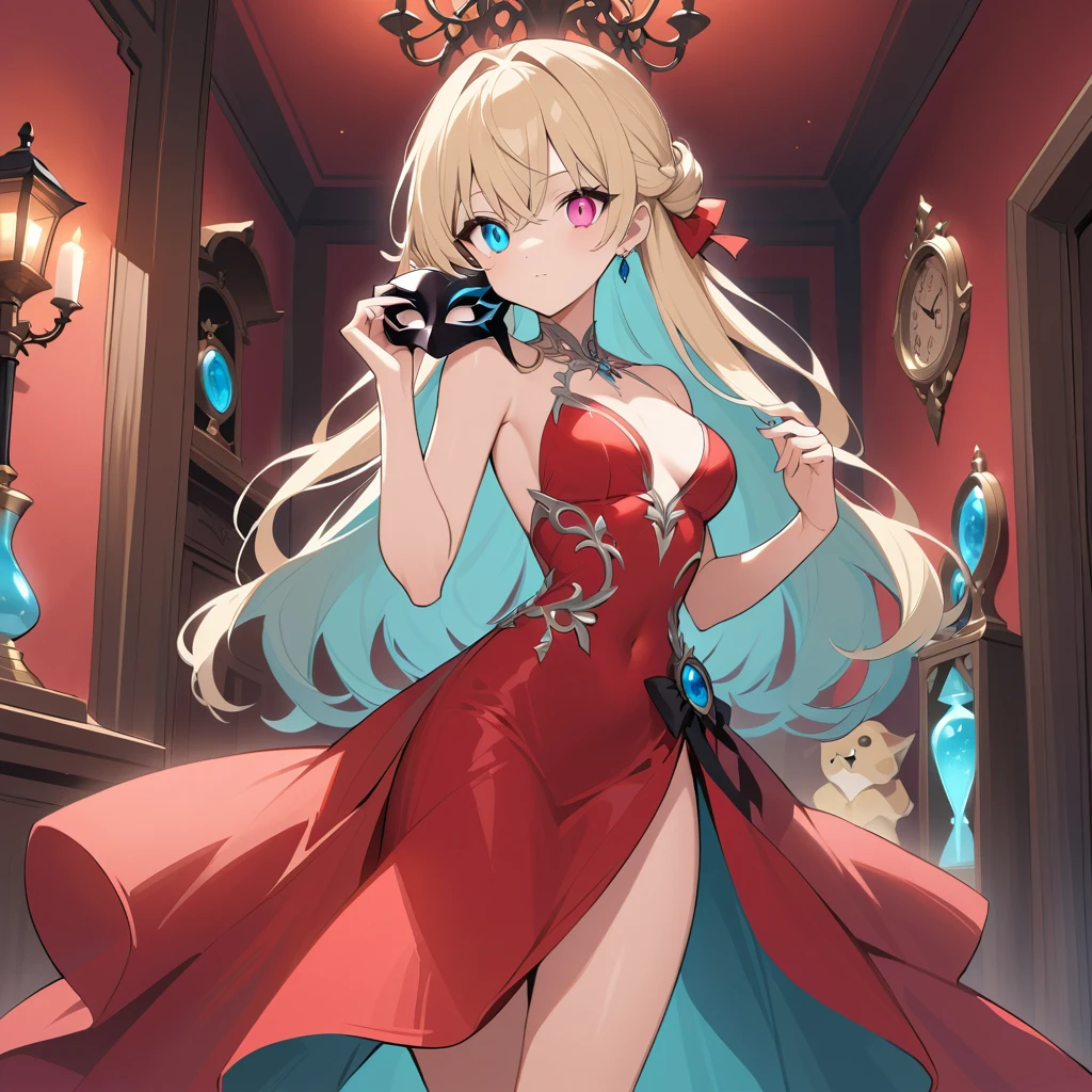 Elegant woman in red evening gown holding a mask indoors