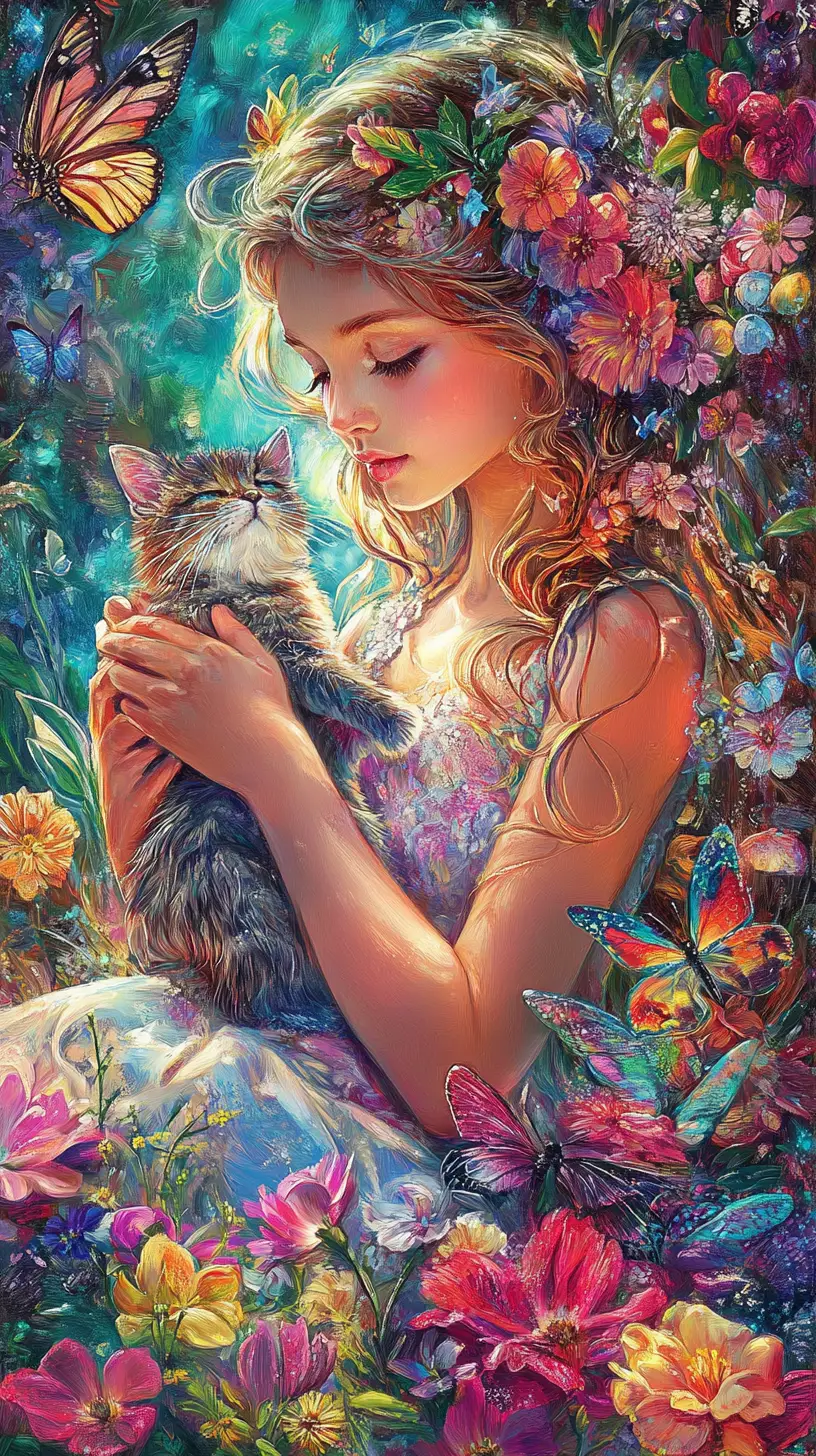 Girl Holding A Rabbit In A Whimsical Fairy Tale Garden