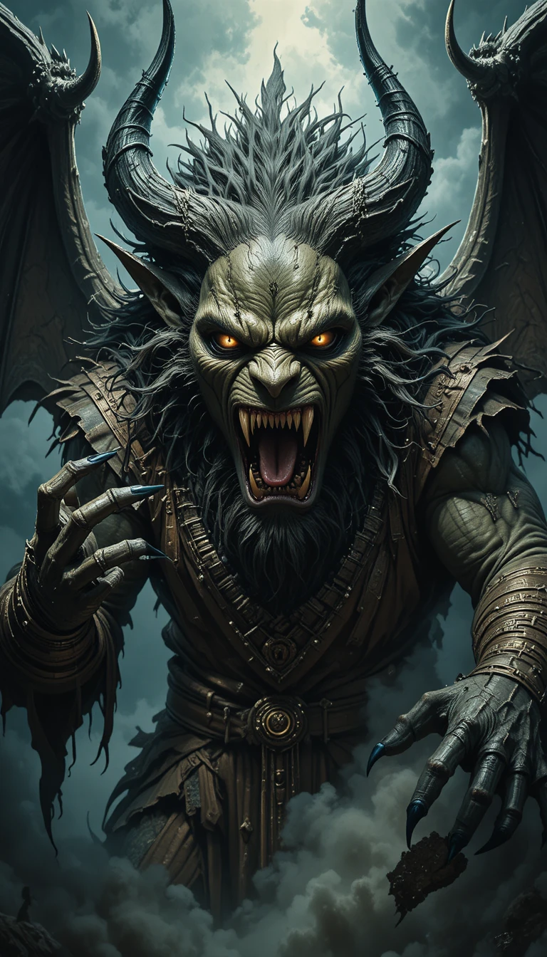 Terrifying demonic king with tattered wings in darkness