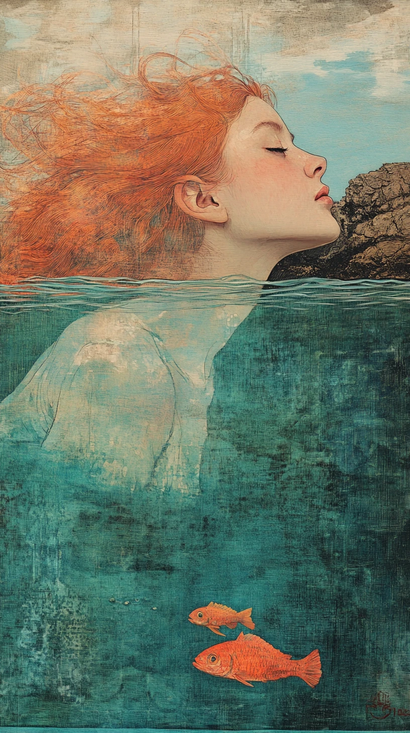 Red haired girl dreaming in turquoise split water scene