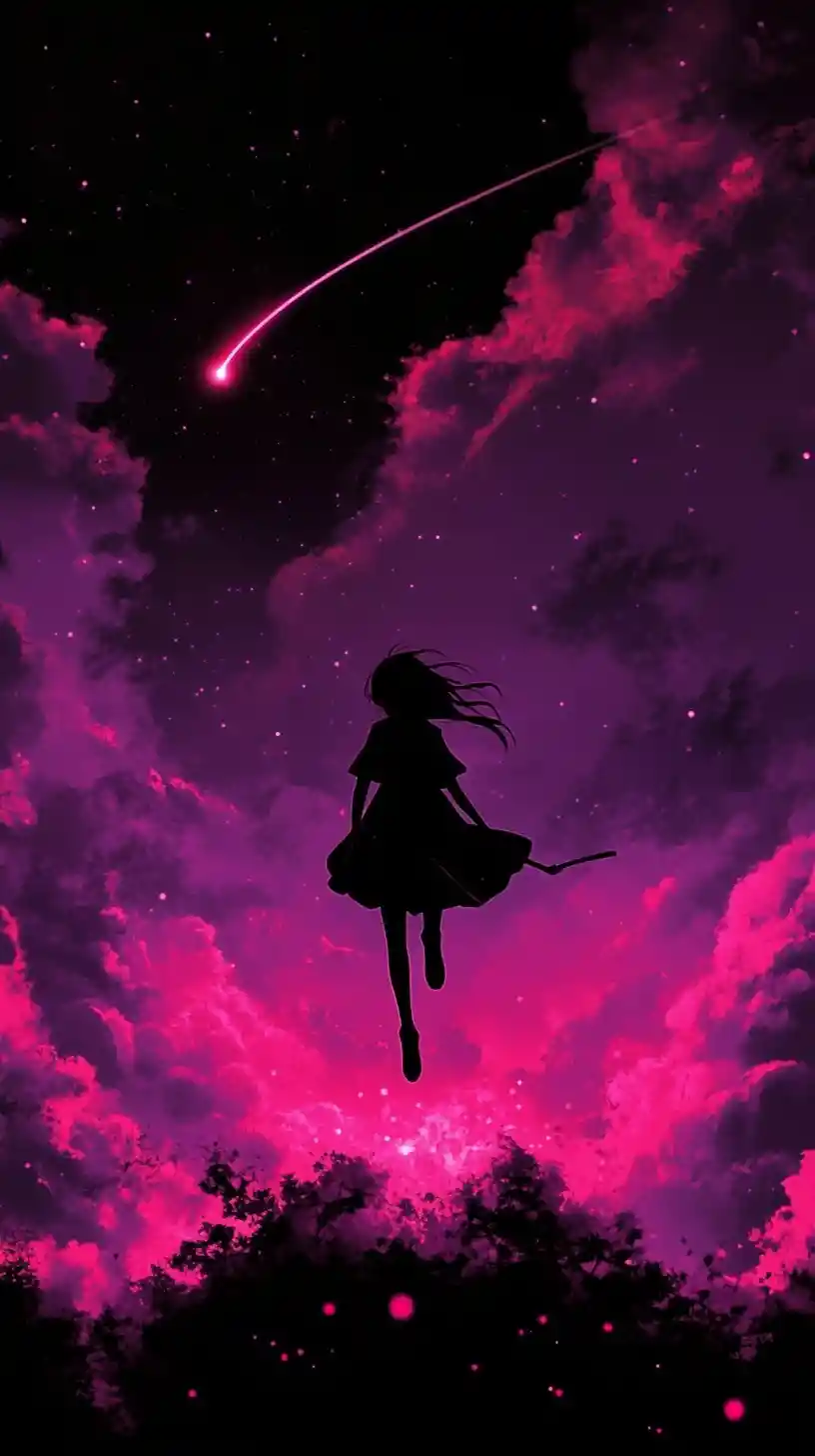 Sad anime girl falling through dark sky with glowing trail