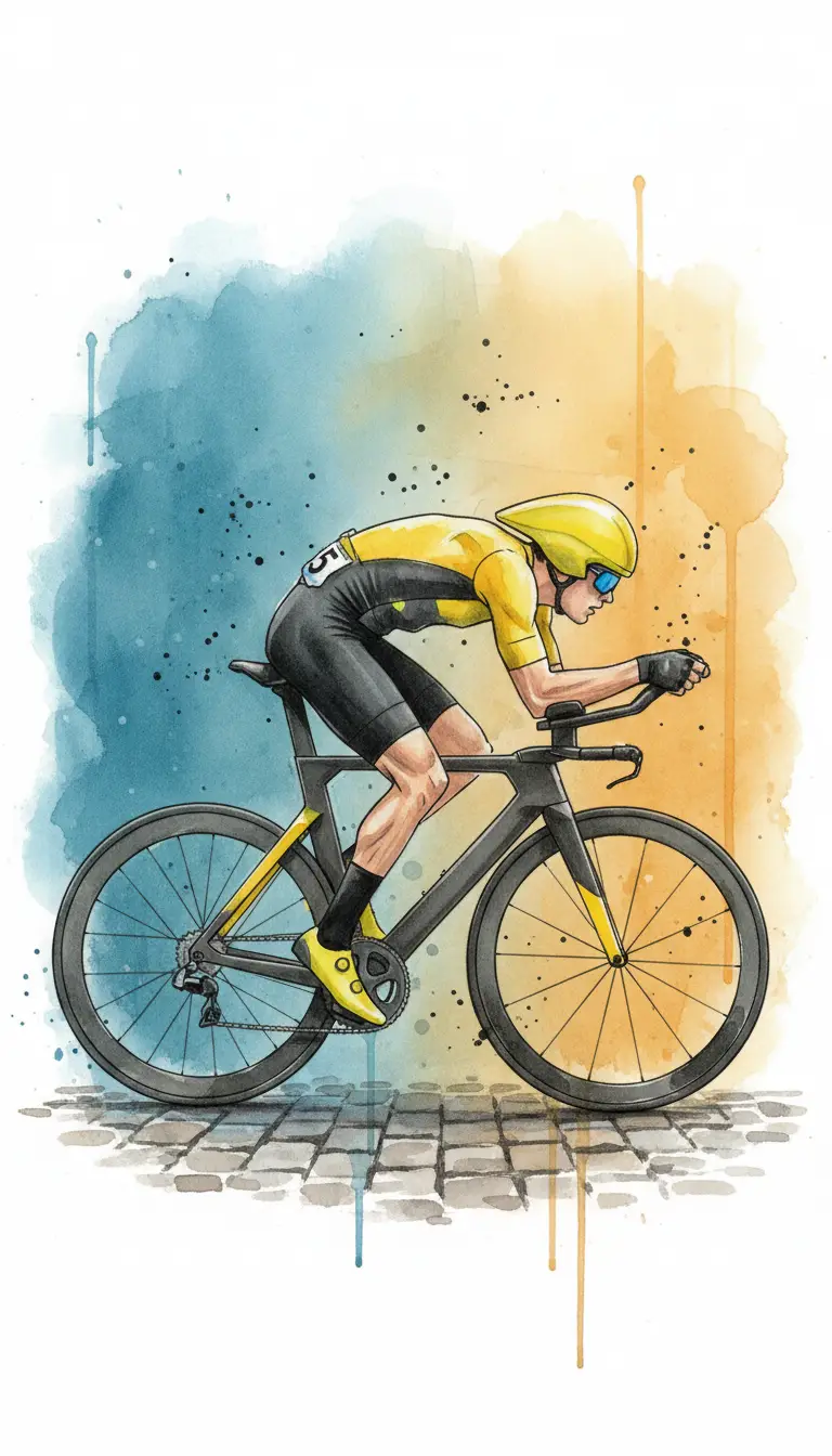 Ciclista professionista in completo giallo su bici da cronometro nera