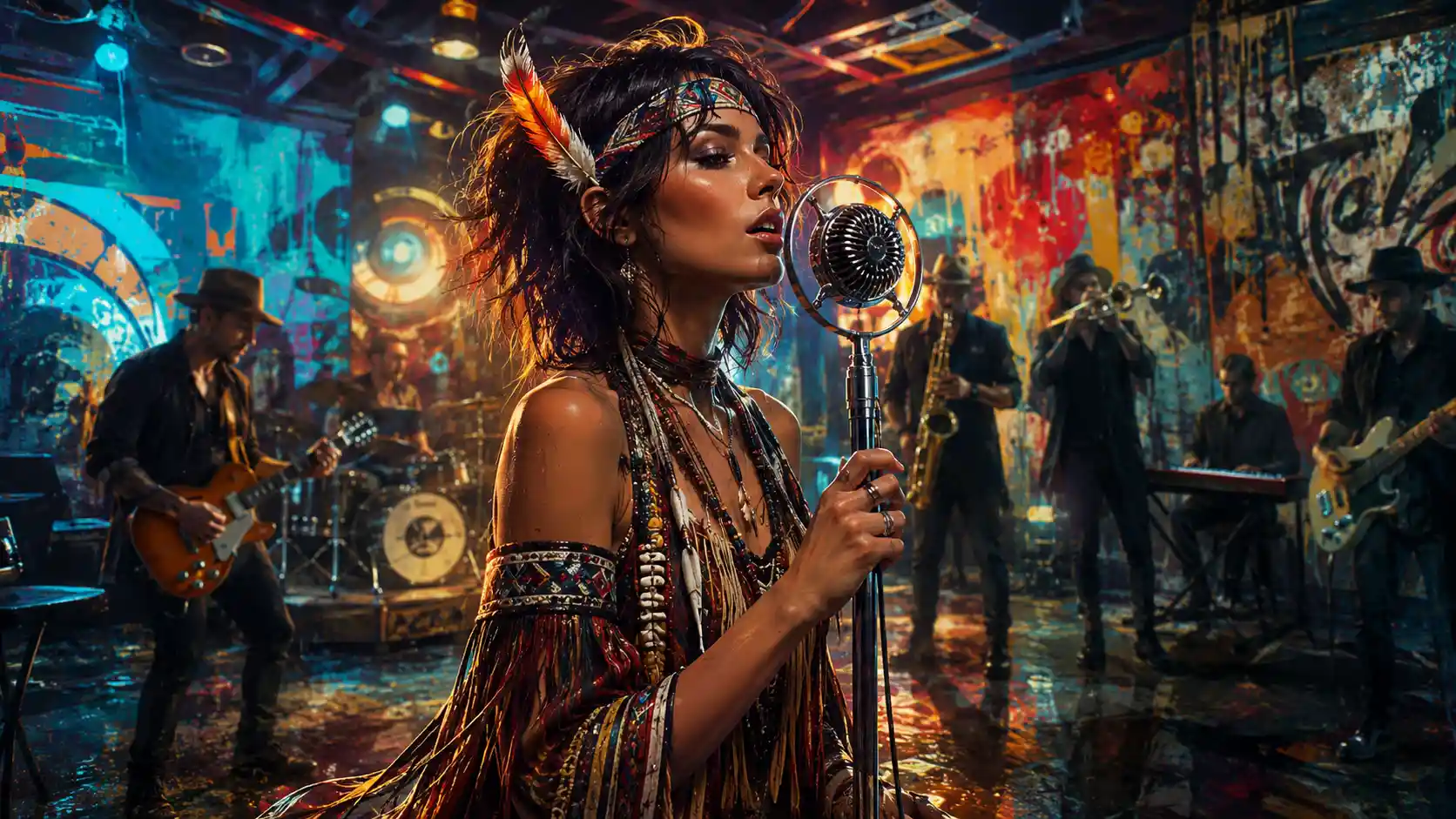 Singer in futuristic dance hall with live music band