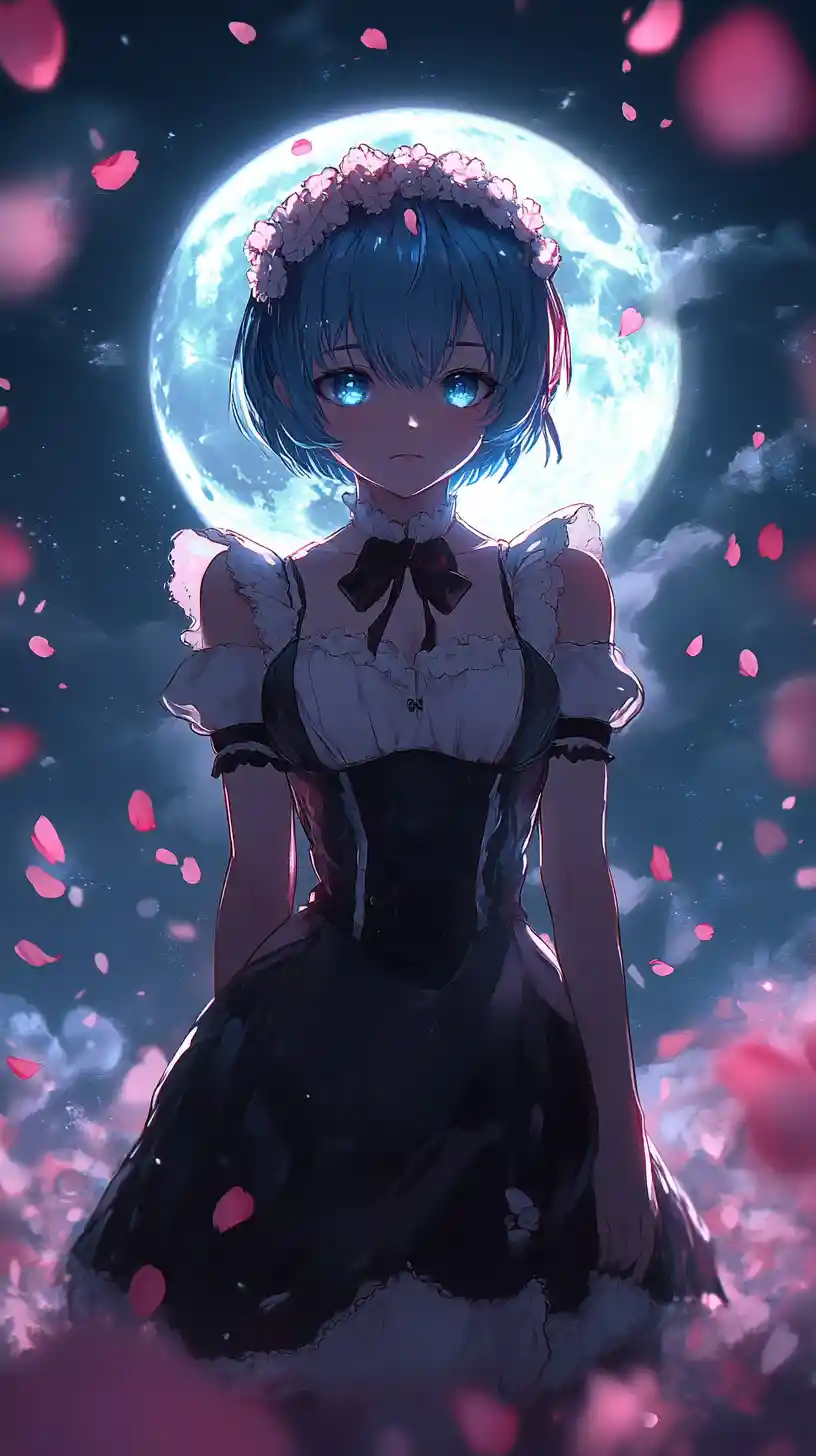 Anime maid girl before a glowing full moon