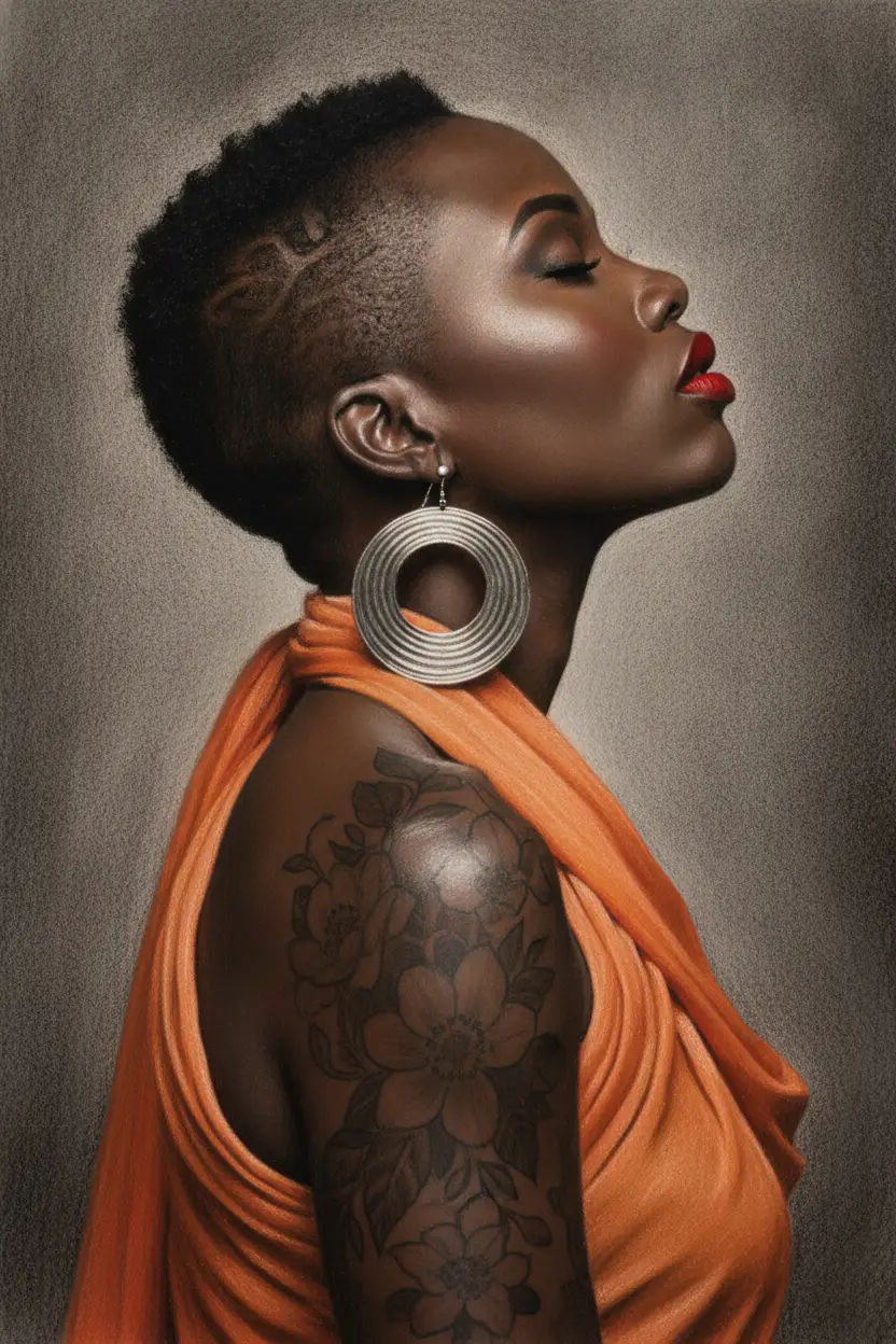 Profile portrait of a serene black woman with red lips