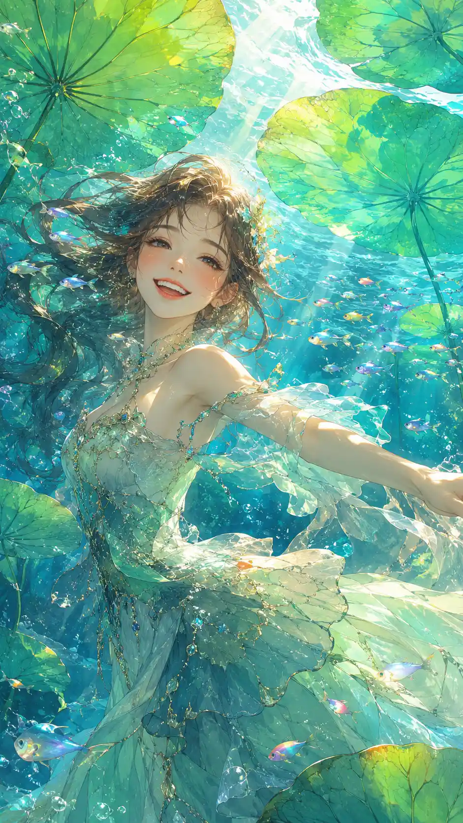 Giovane donna che danza tra gigantesche ninfee luminose sott’acqua