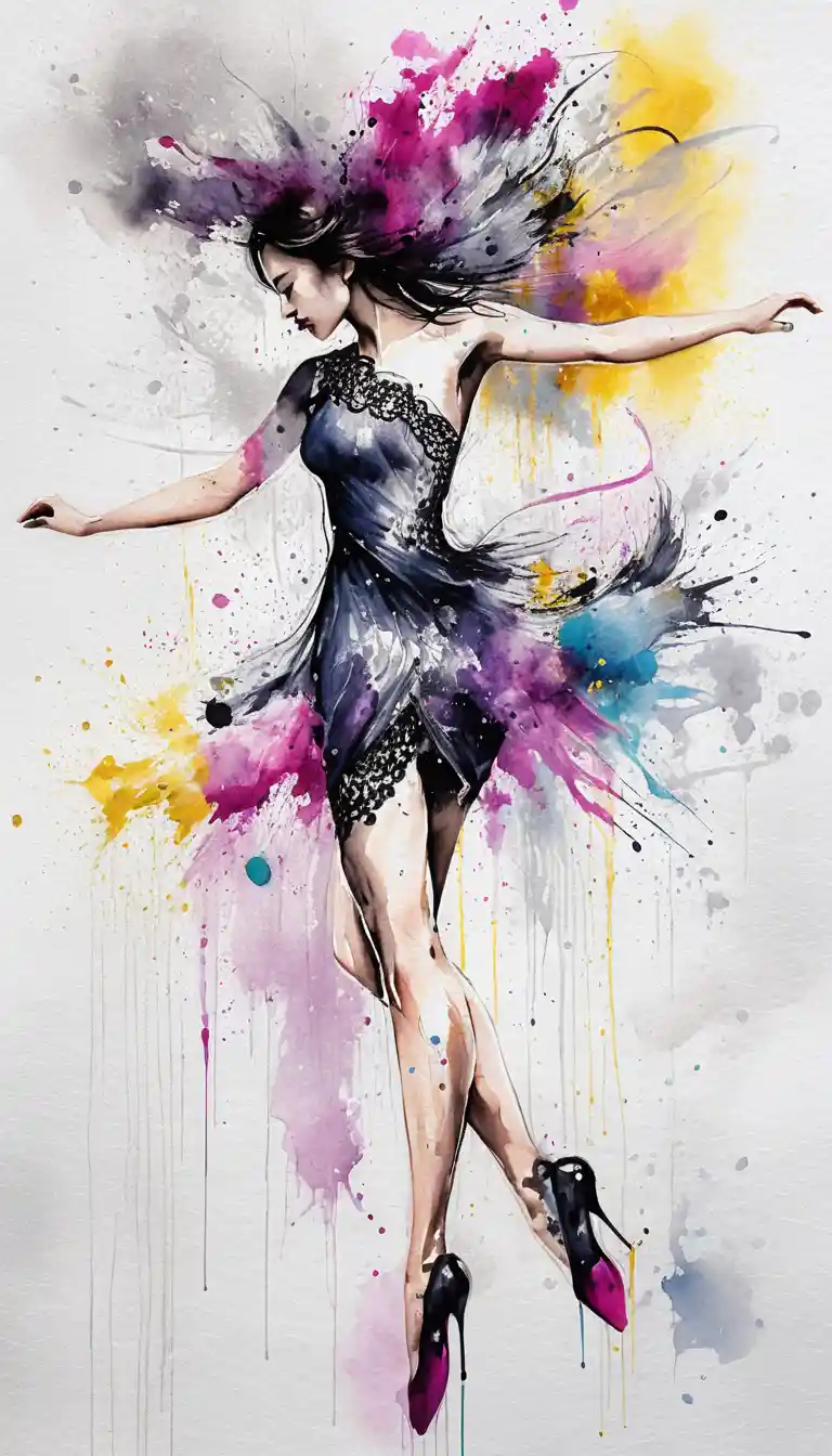 Elegant woman with colorful umbrella in watercolor splatter art