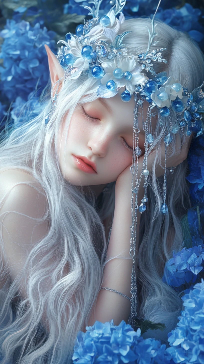 Sleeping elf girl crowned with blue and white flowers