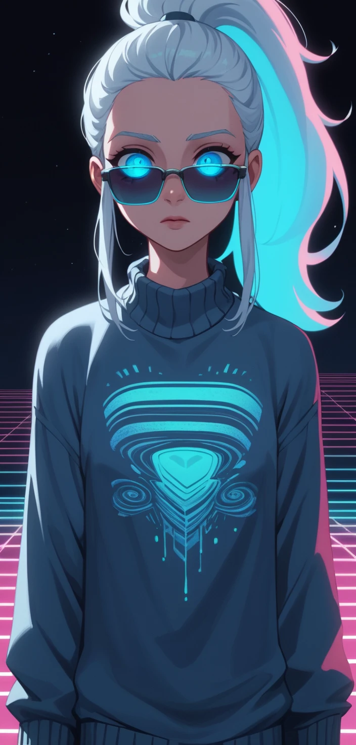 Neon lit portrait of a woman with glowing blue eyes