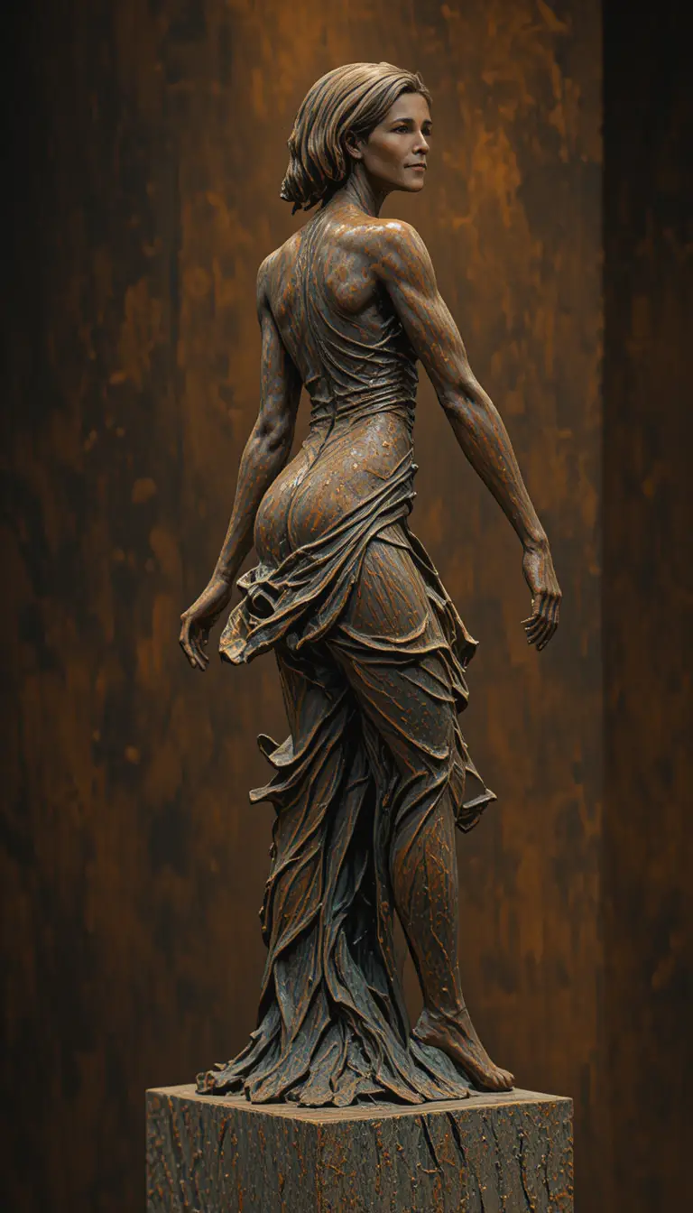 Bronze sculpture of a running woman in dynamic profile stride