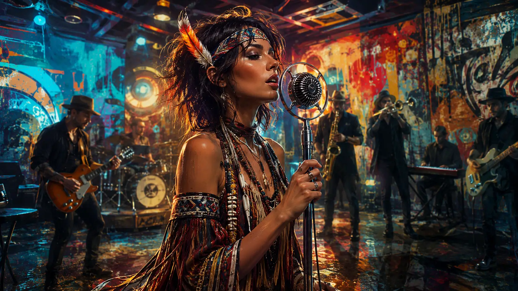 Cantante in sala da ballo futuristica con band dal vivo