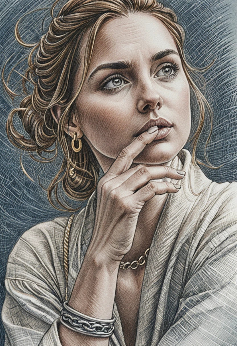 Thoughtful ink portrait of a woman with hand to her lips