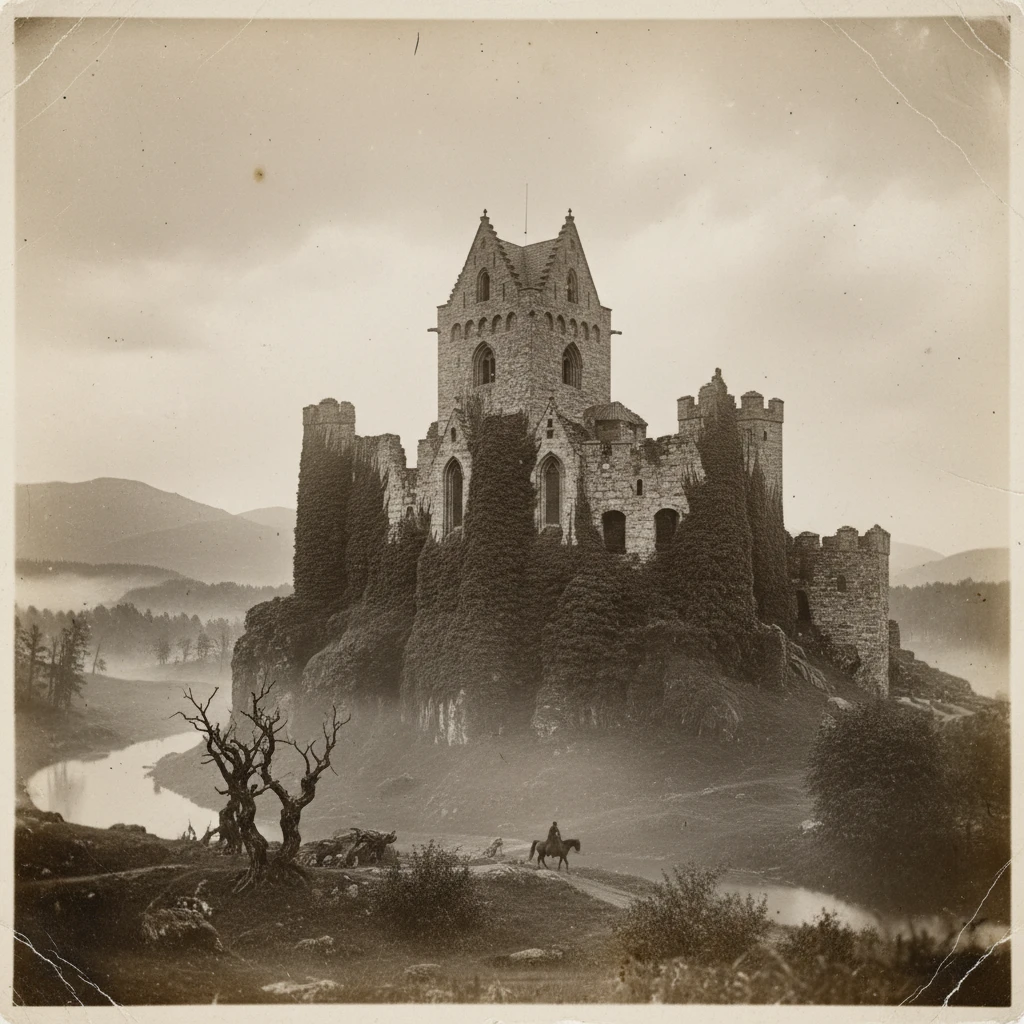 Vintage castle photograph in a misty Swedish landscape