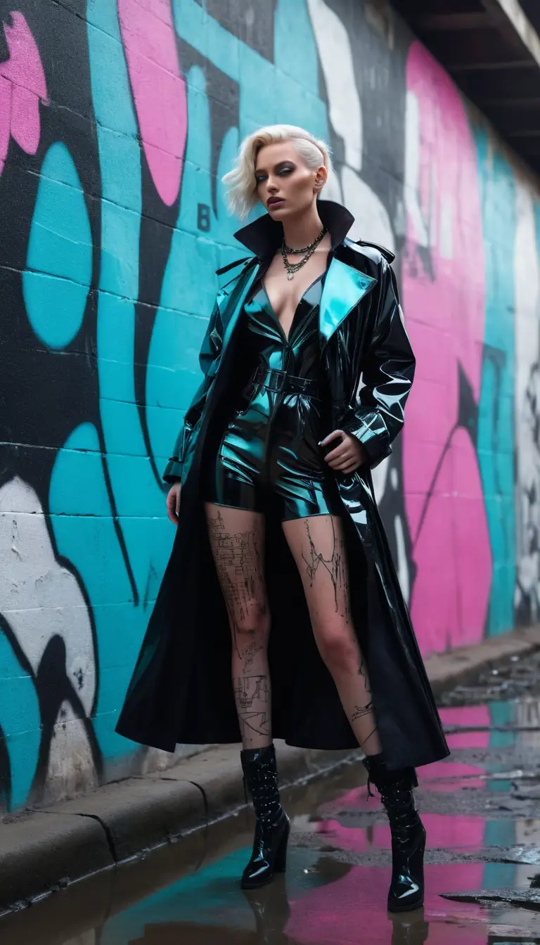 Cyberpunk woman in latex coat before dystopian concrete wall