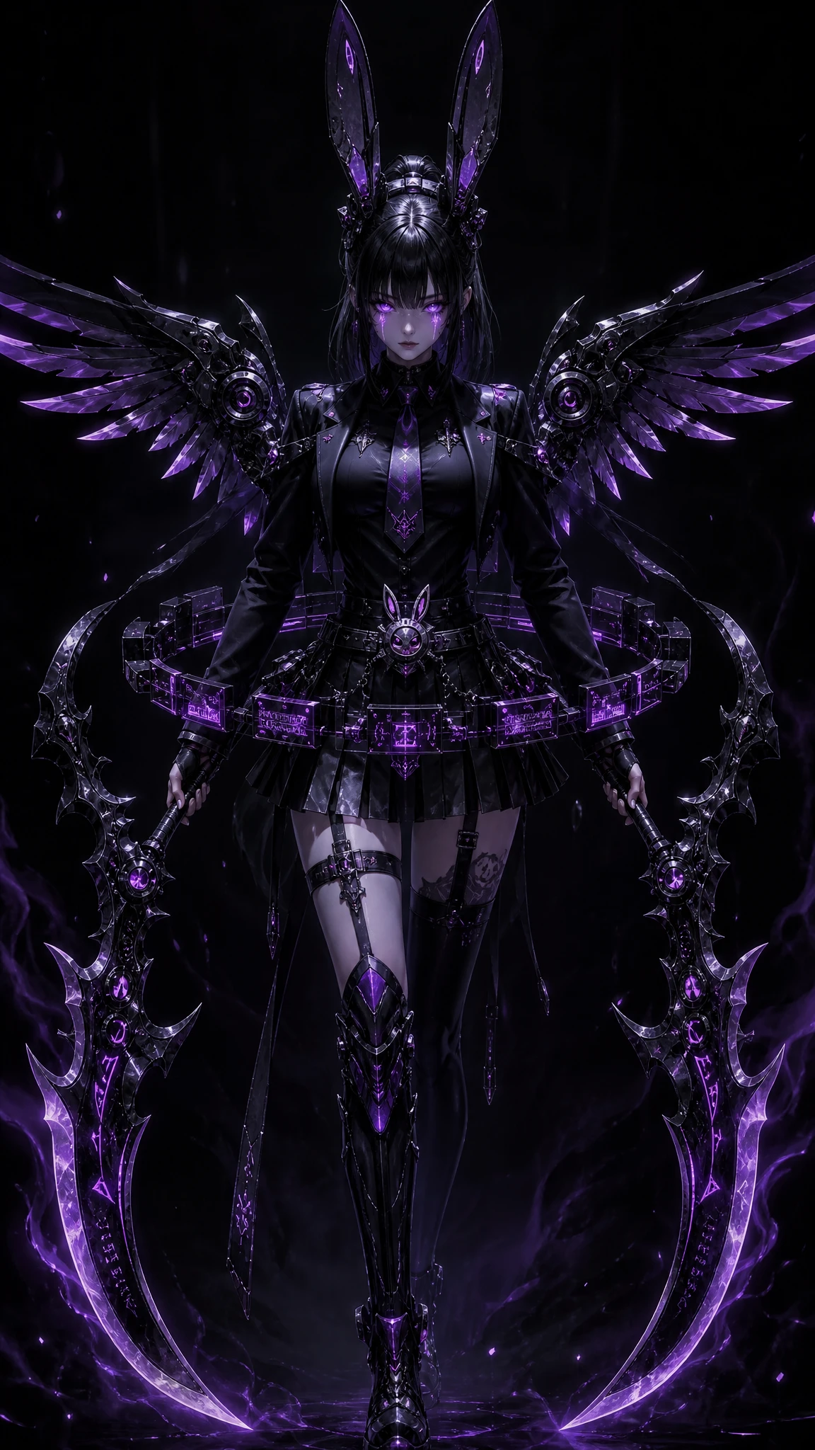 Young woman in darkness with twin ritual scythes