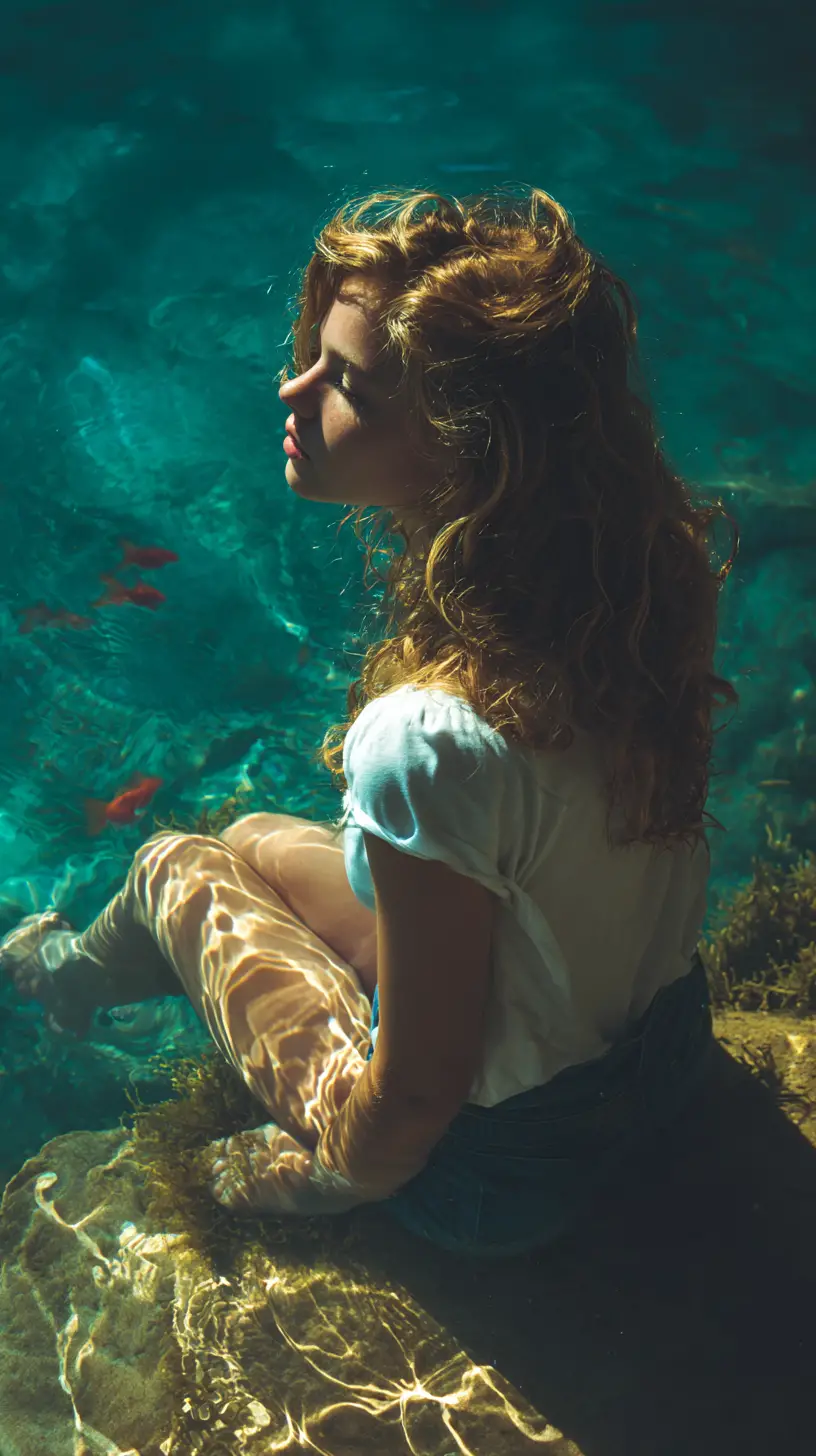 Red haired girl dreaming in turquoise underwater scene