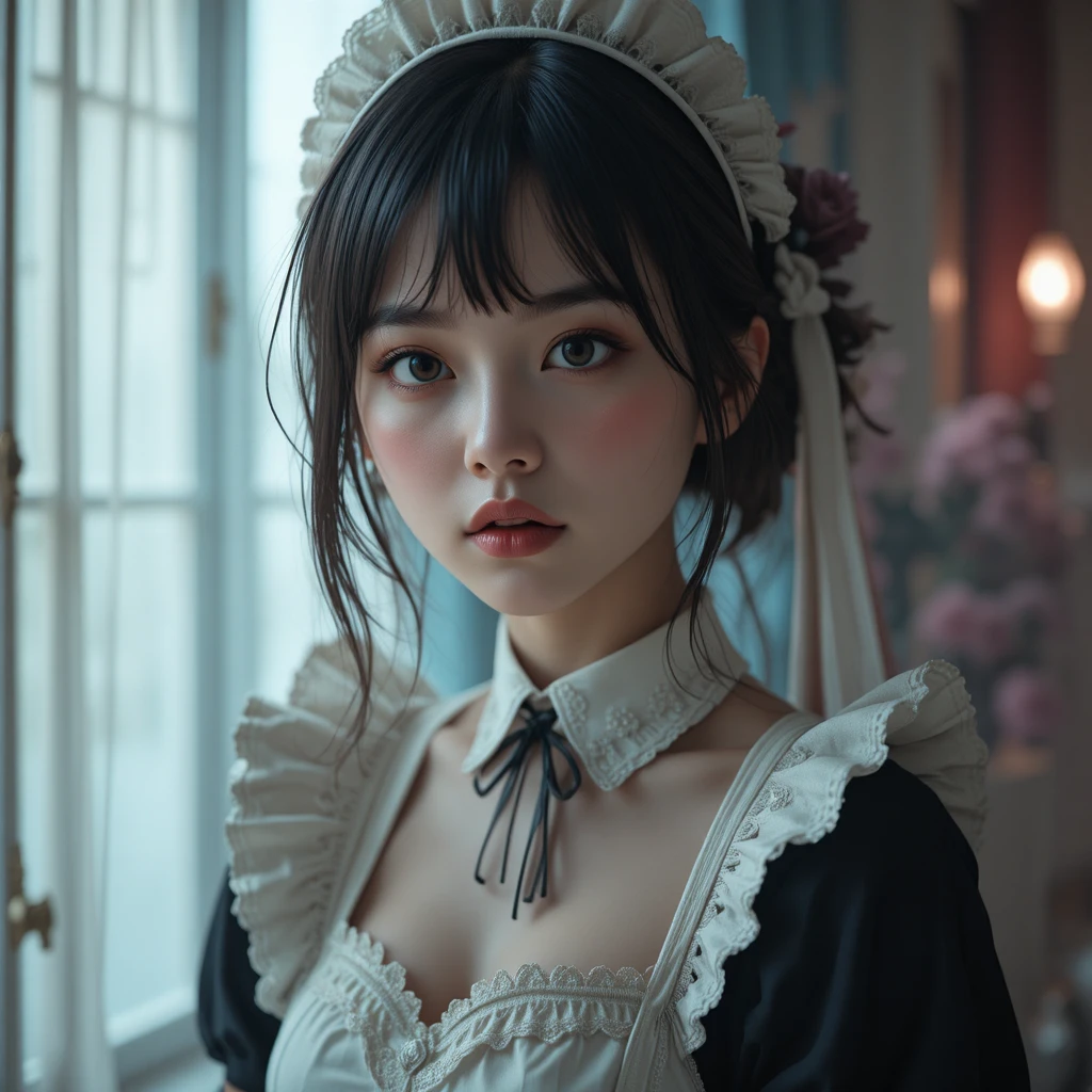 Surreal portrait of a living maid with eerie elegance