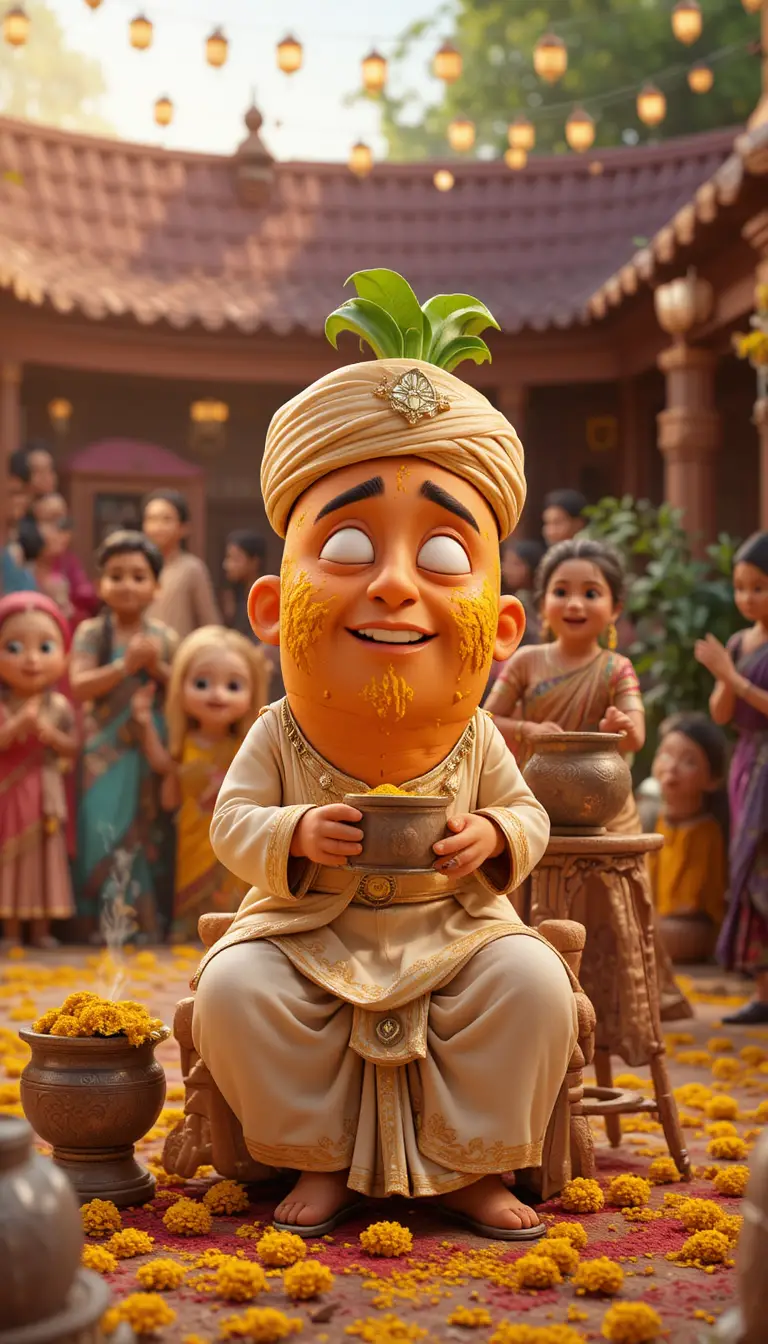 Carrot groom in a joyful village haldi courtyard scene