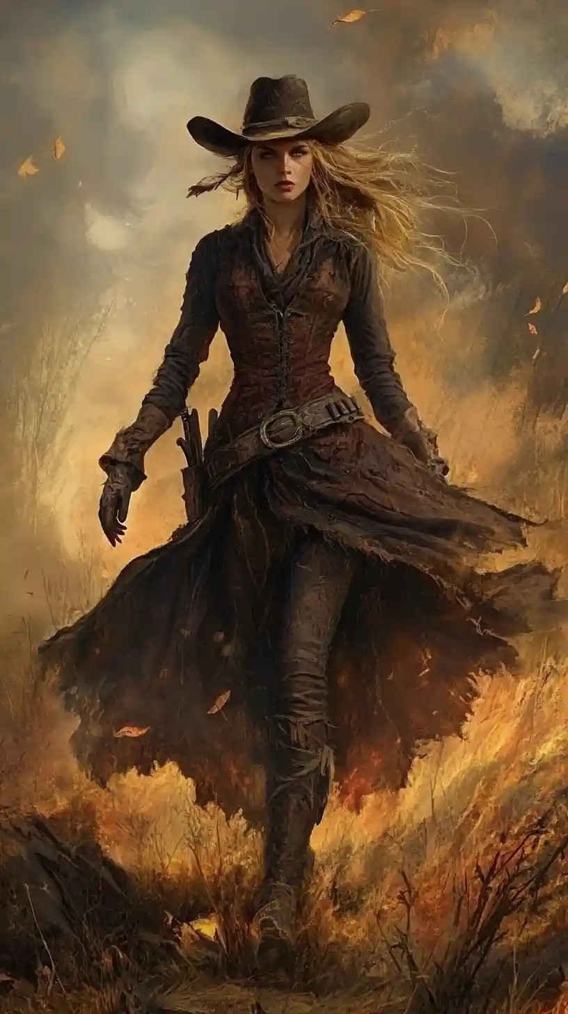 Woman warrior standing in the wild west frontier
