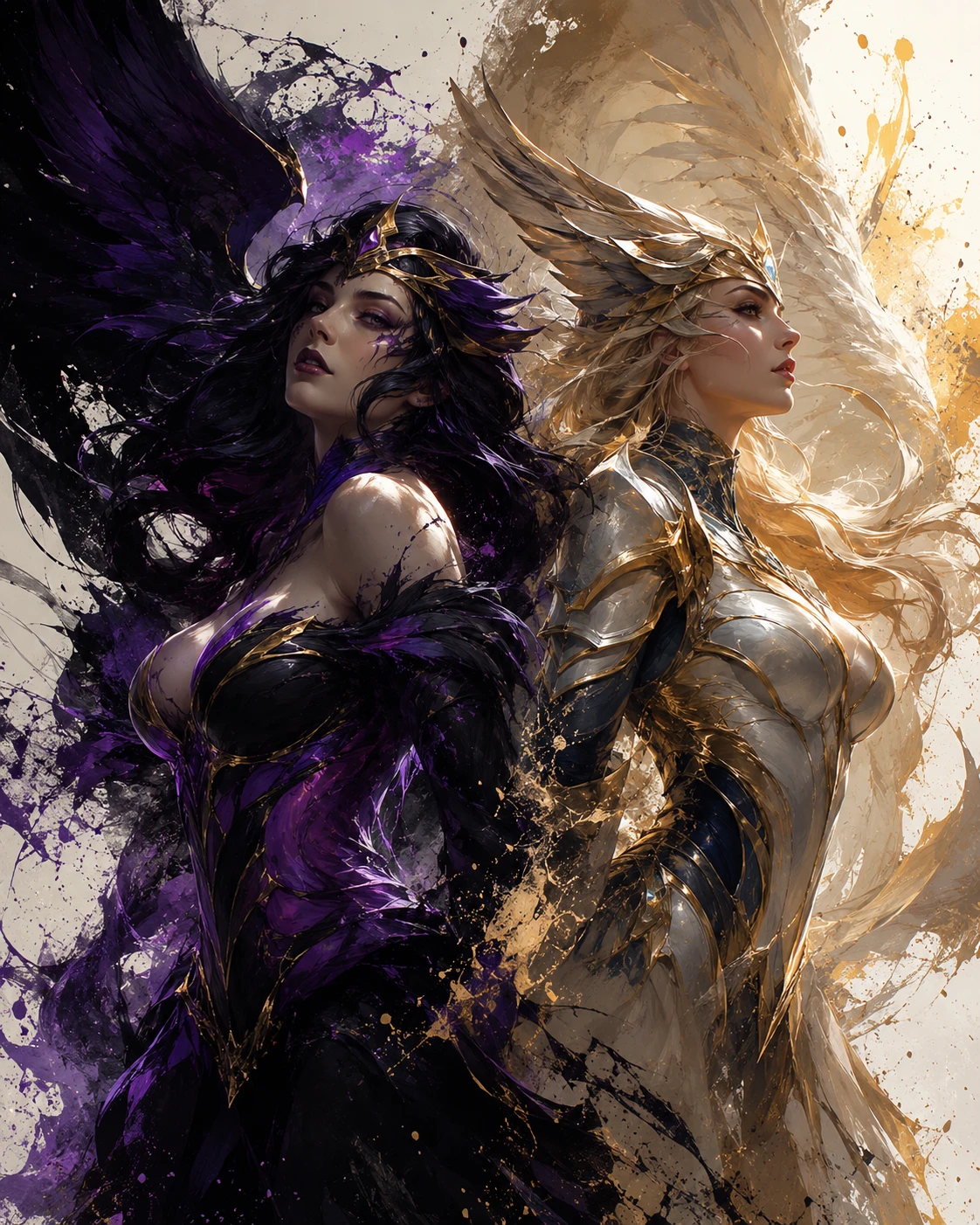 Mythic warrior sisters in radiant fantasy battle scene