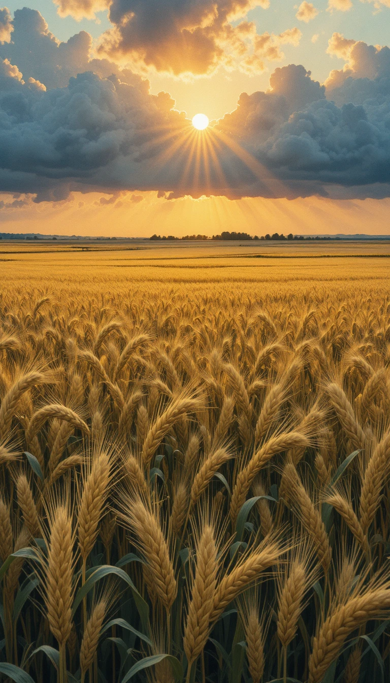 Golden wheat field at sunrise under dramatic cloudy sky