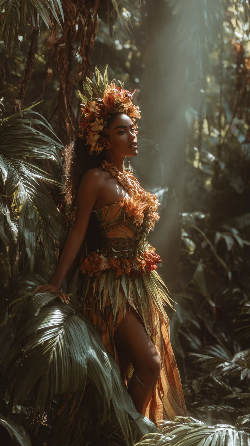 Tropical woman in banana leaf tunic amid lush jungle