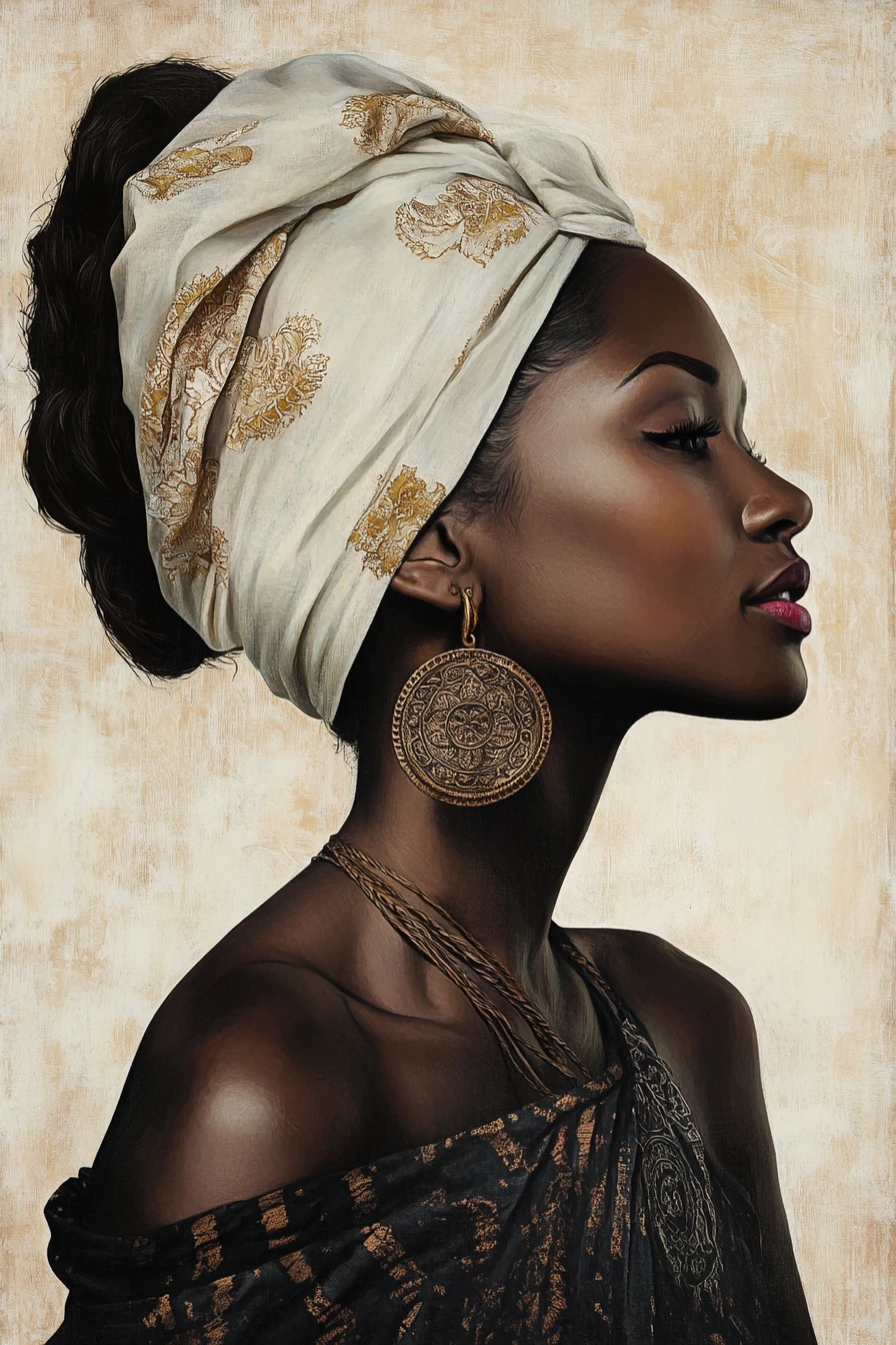 Serene profile portrait of a woman in an ornate turban