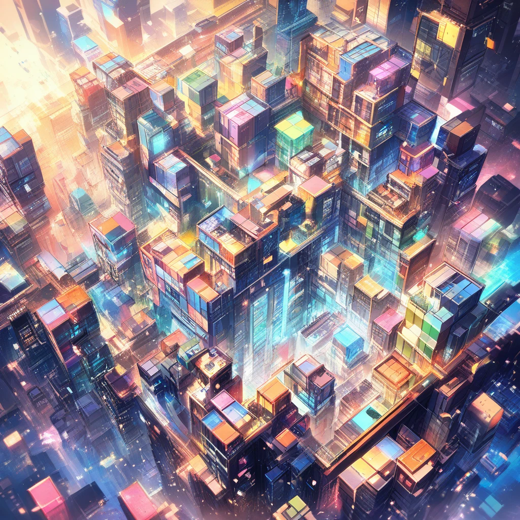 Anime gamer girl building a glowing tetris block house