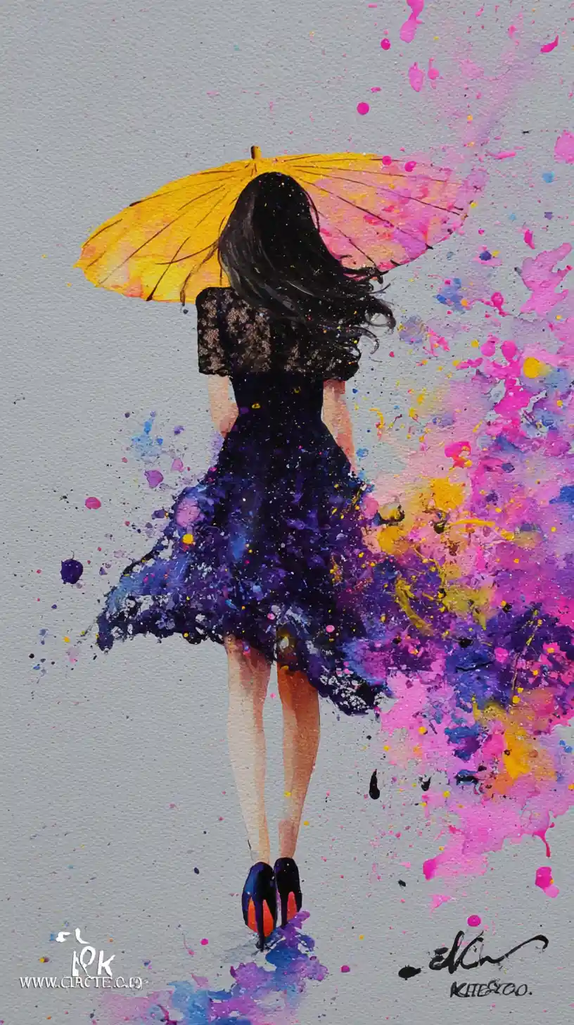 Elegant woman walking with colorful ink splatter umbrella