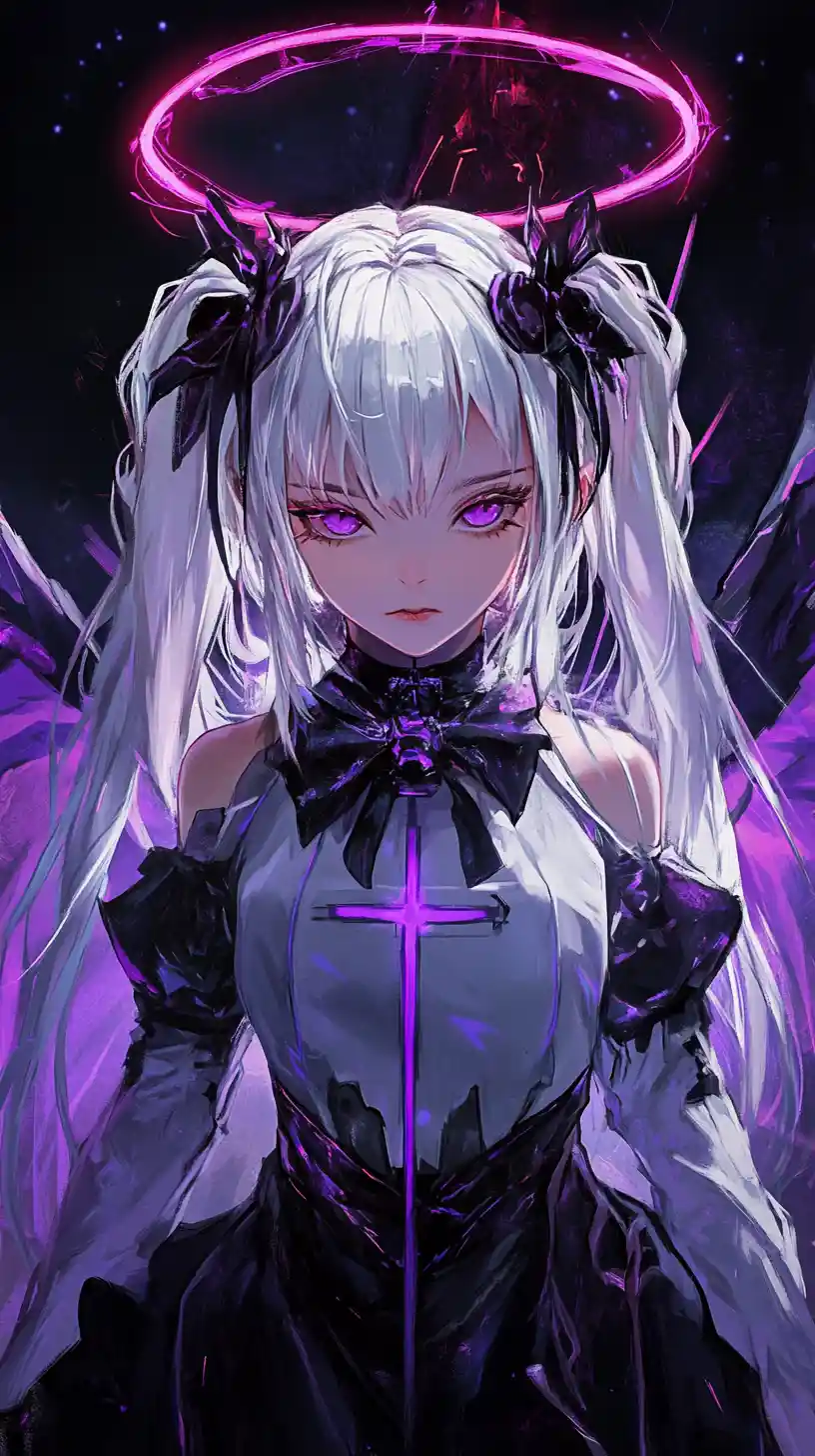 Anime girl with glowing wings and double halo portrait