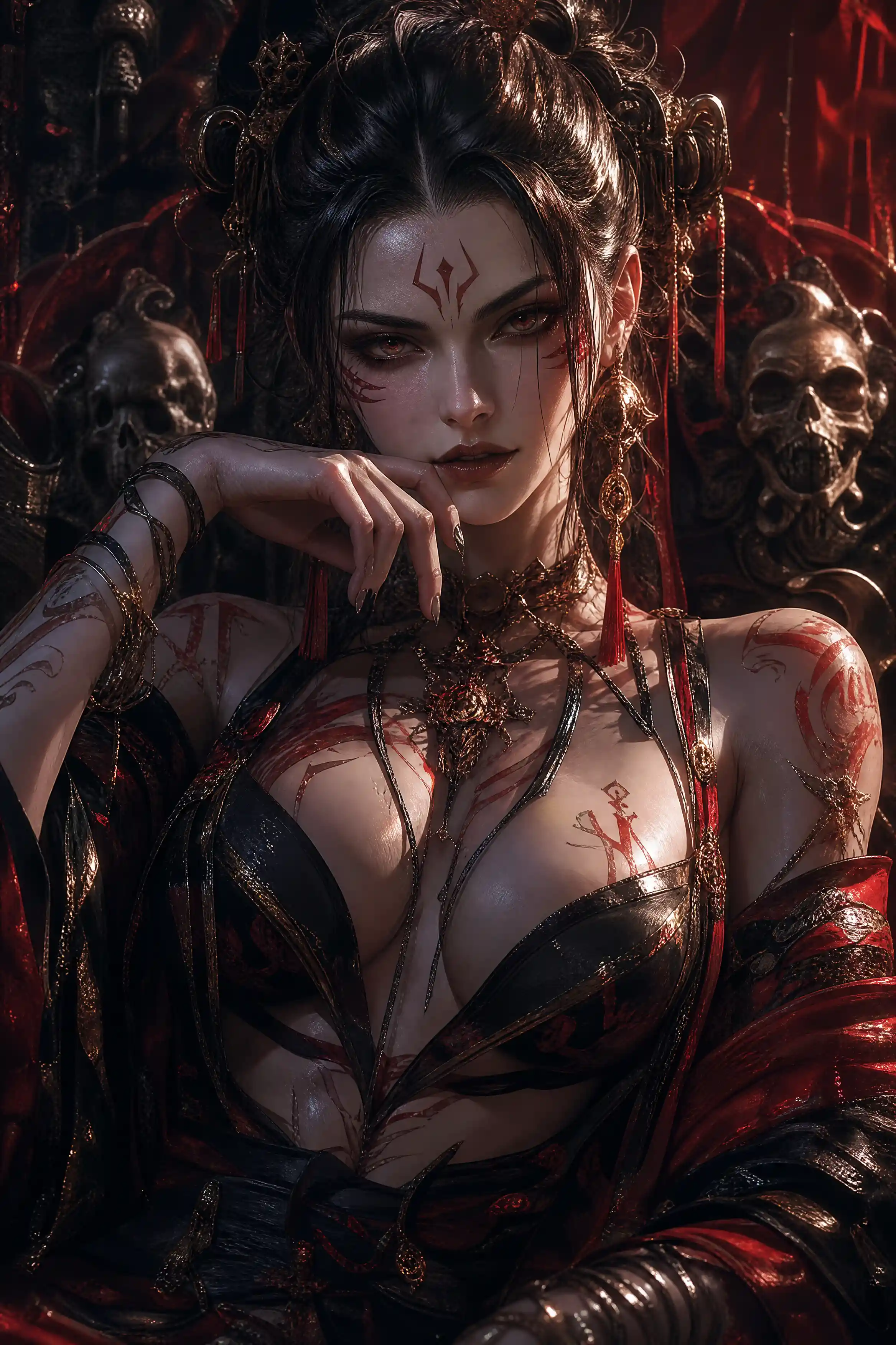 Powerful fantasy woman facing forward in dramatic lighting