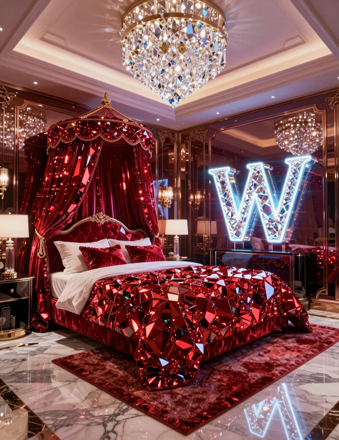 Luxuriöses Schlafzimmer aus Rubinkristall mit Marmorboden und Himmelbett
