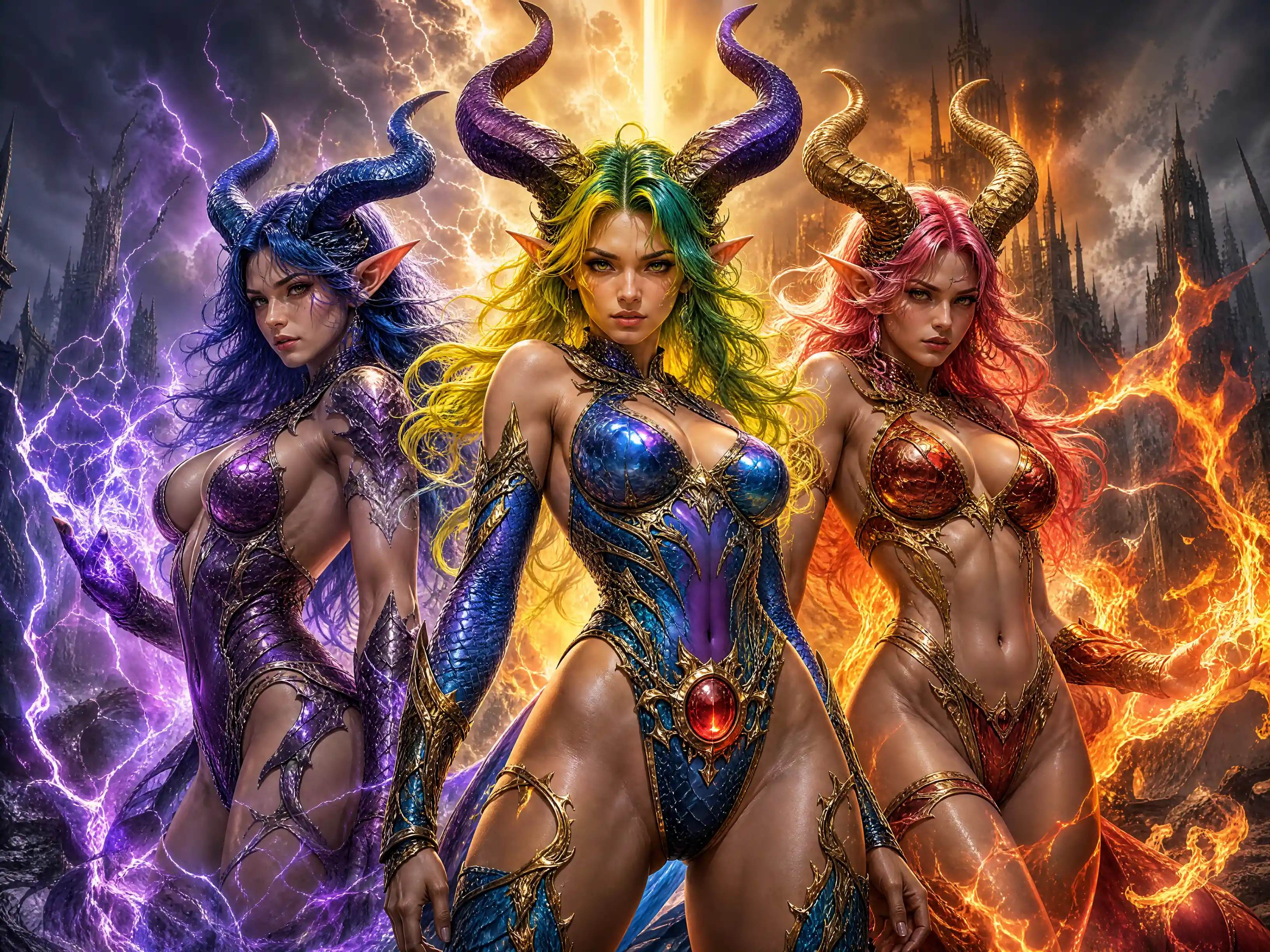Elemental fantasy warrior trio in ruined gothic city