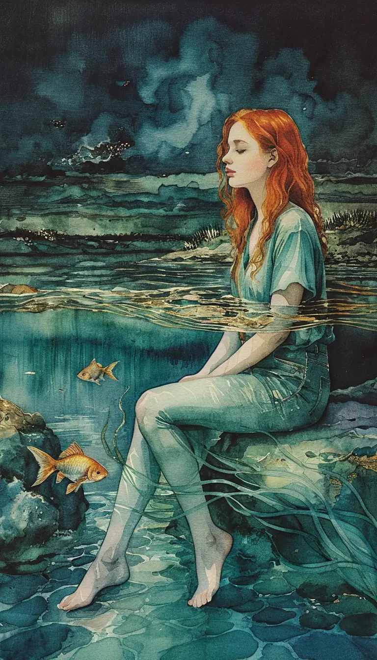 Red haired girl dreaming in turquoise split view water scene