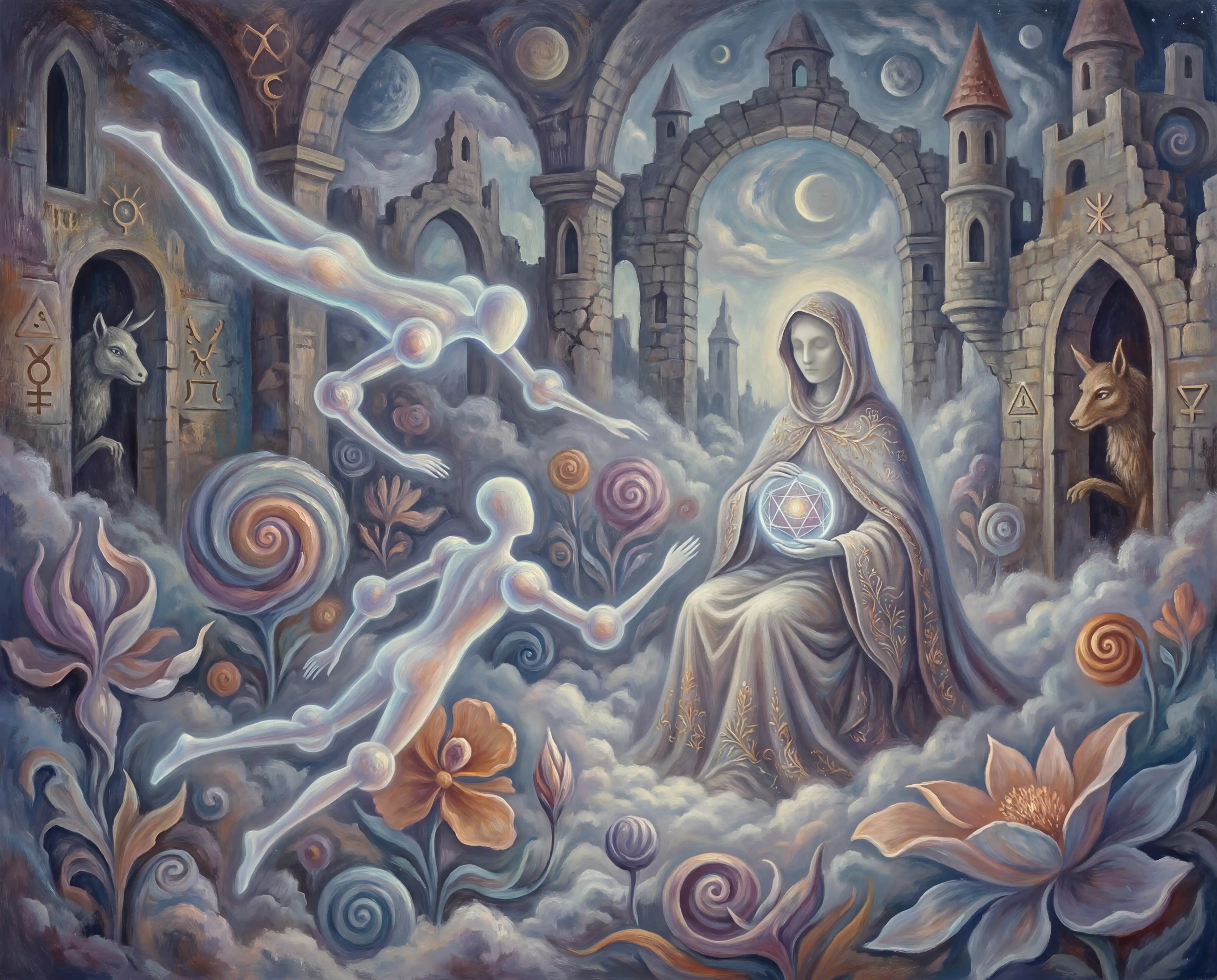 Surreal beings converge before a mystical central godlike figure