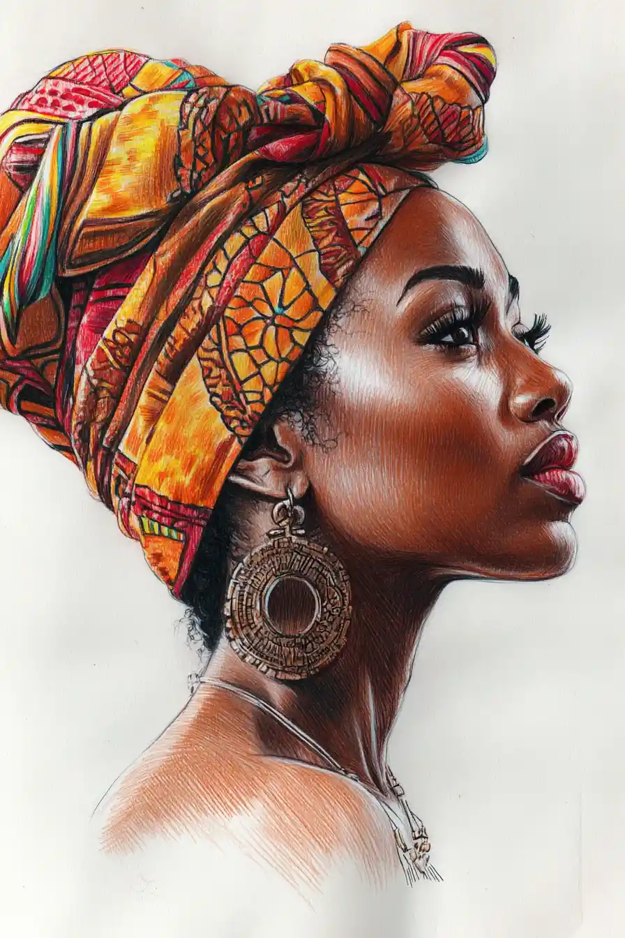Profile drawing of serene African woman with headwrap