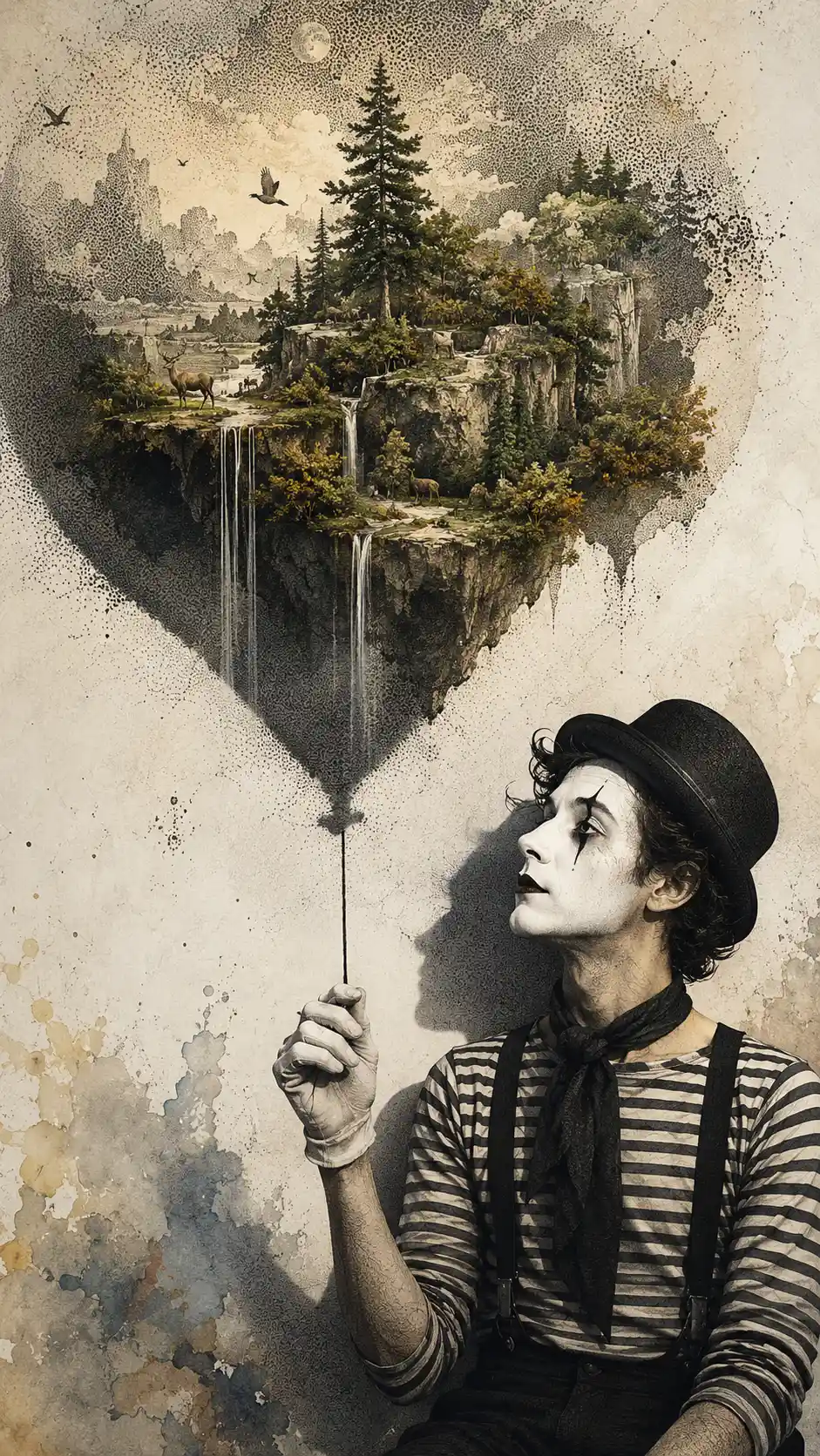 Mime With Invisible Balloon Casting A Surreal Floating Island Shadow