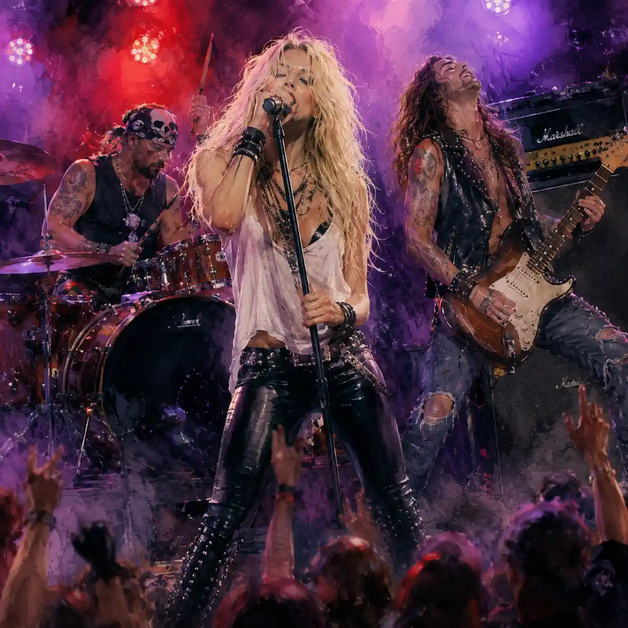 Blonde rock singer performing on stage with neon lights