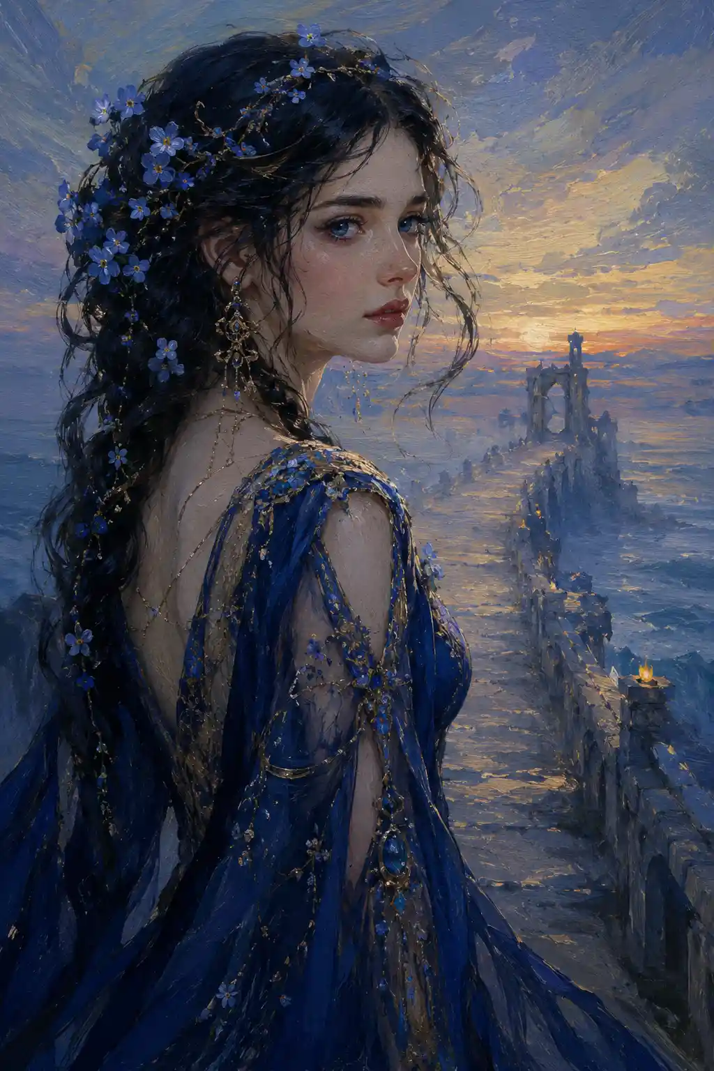 Ethereal Woman On Misty Bridge Above A Shrouded Ocean