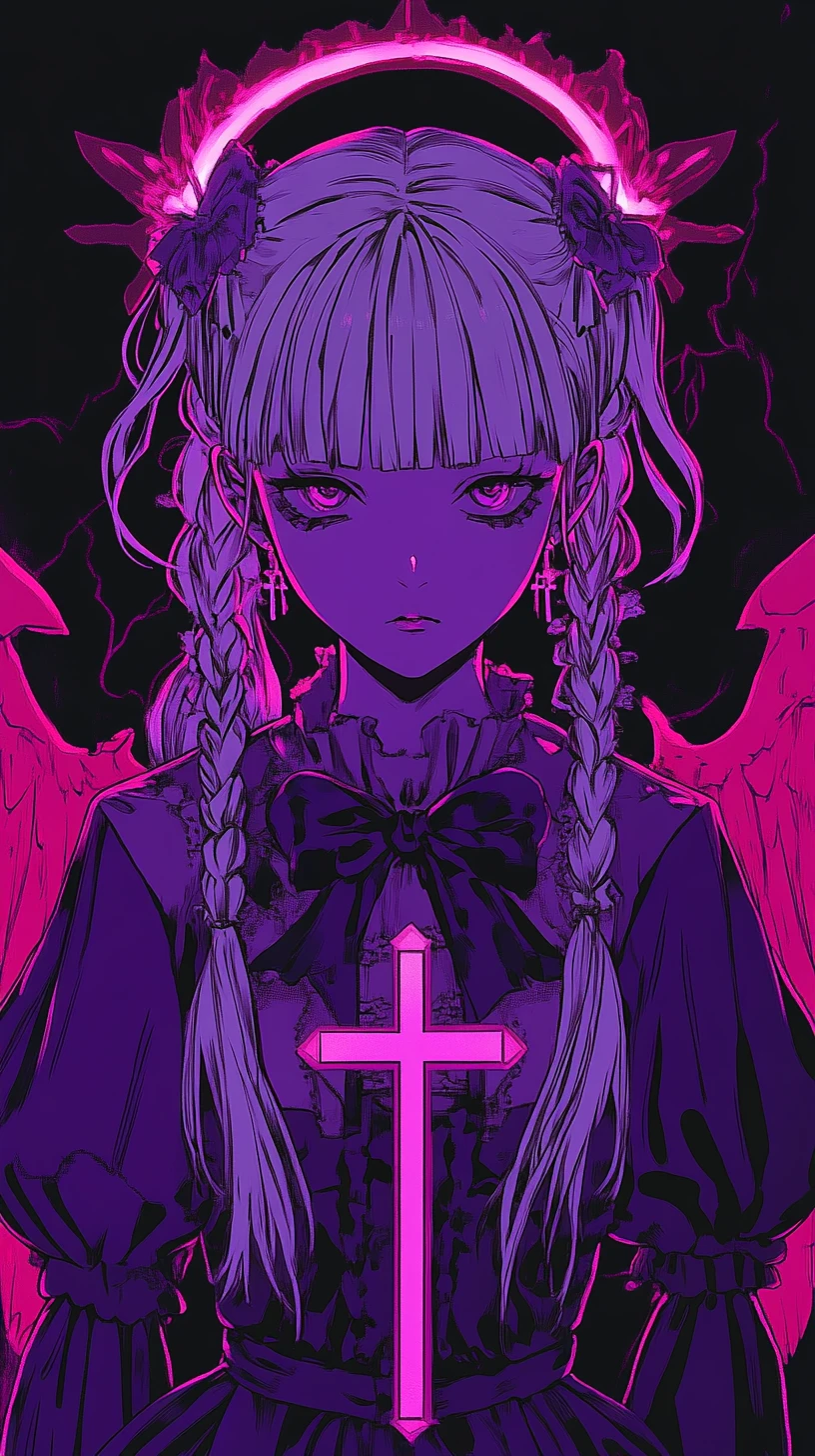 Anime girl with halos and glowing geometric wings
