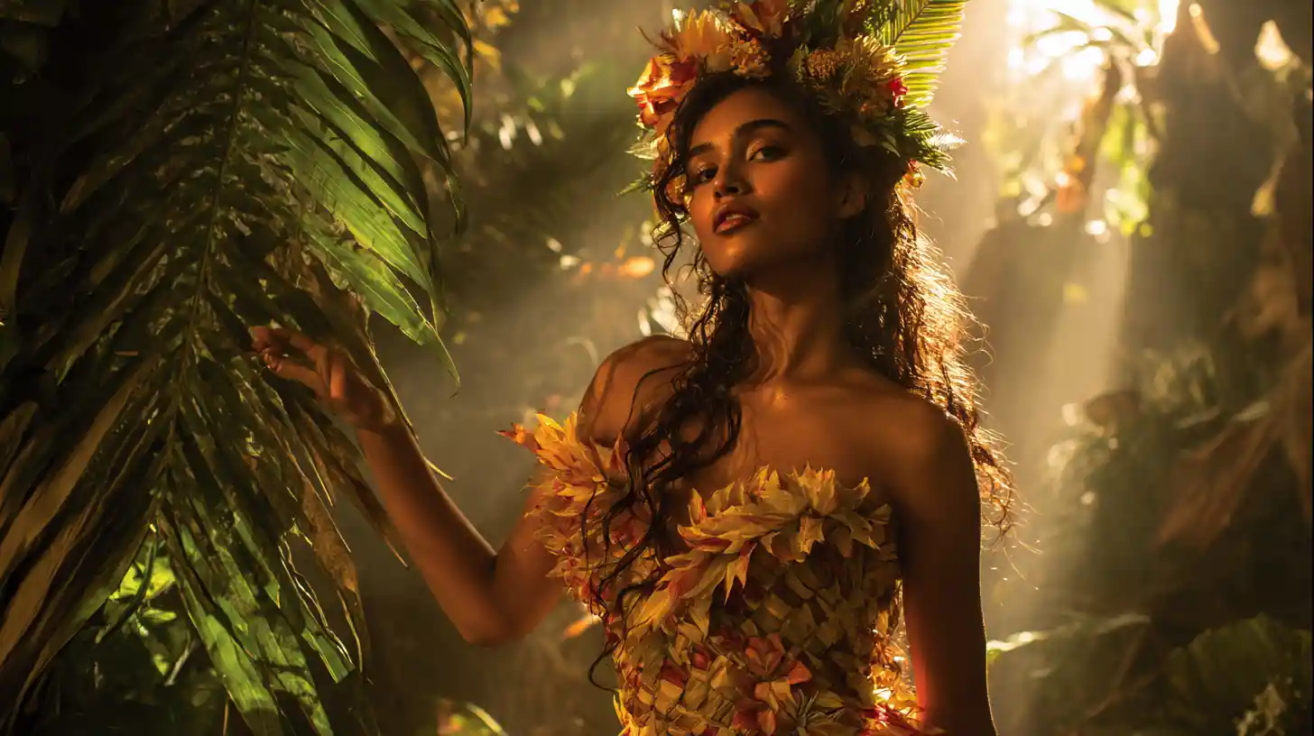 Tropical jungle woman crowned with flowers and leaves