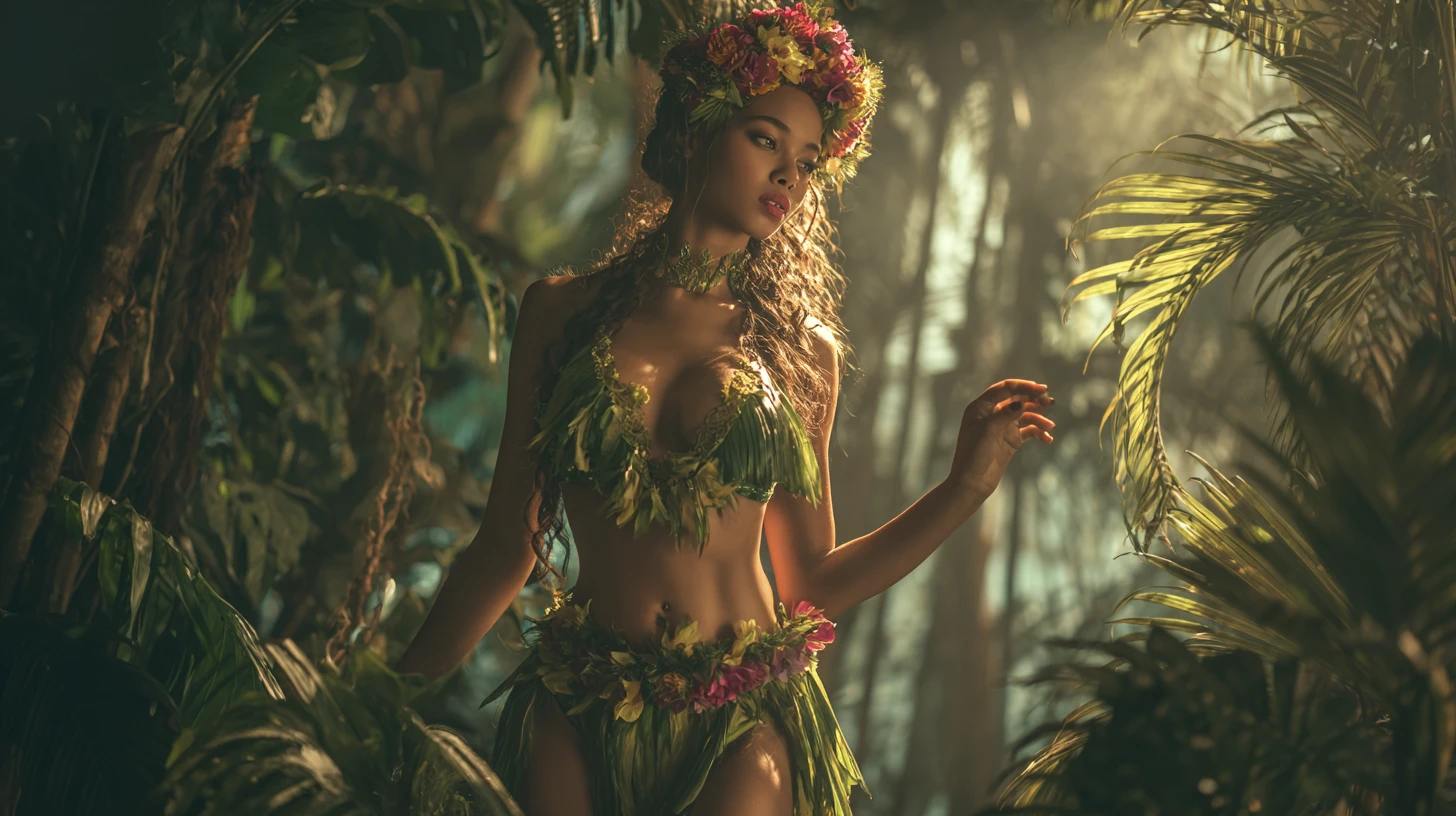 Tropical woman in woven leaf tunic among jungle palms