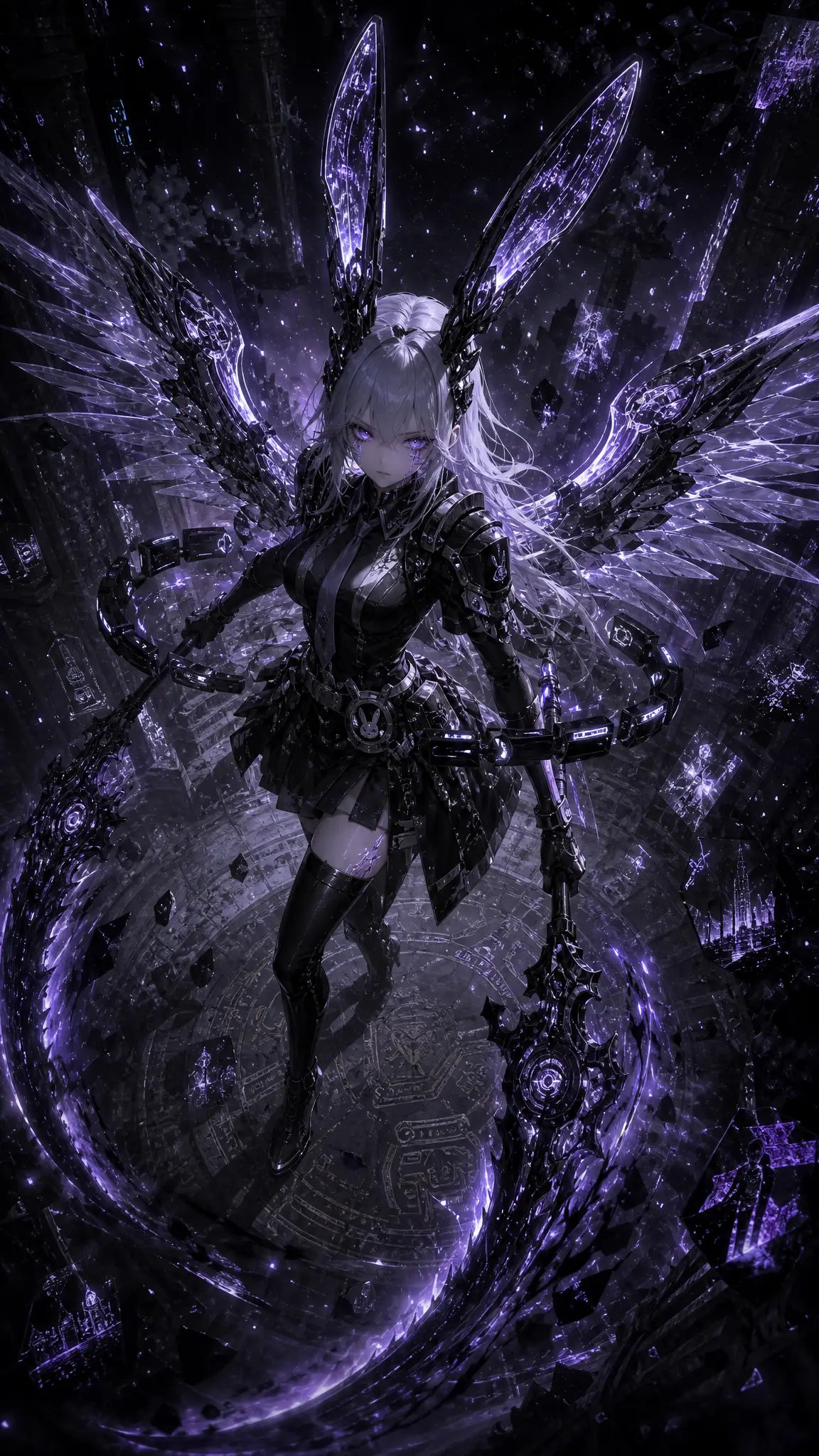 Cybernetic woman guarding a dark futuristic temple